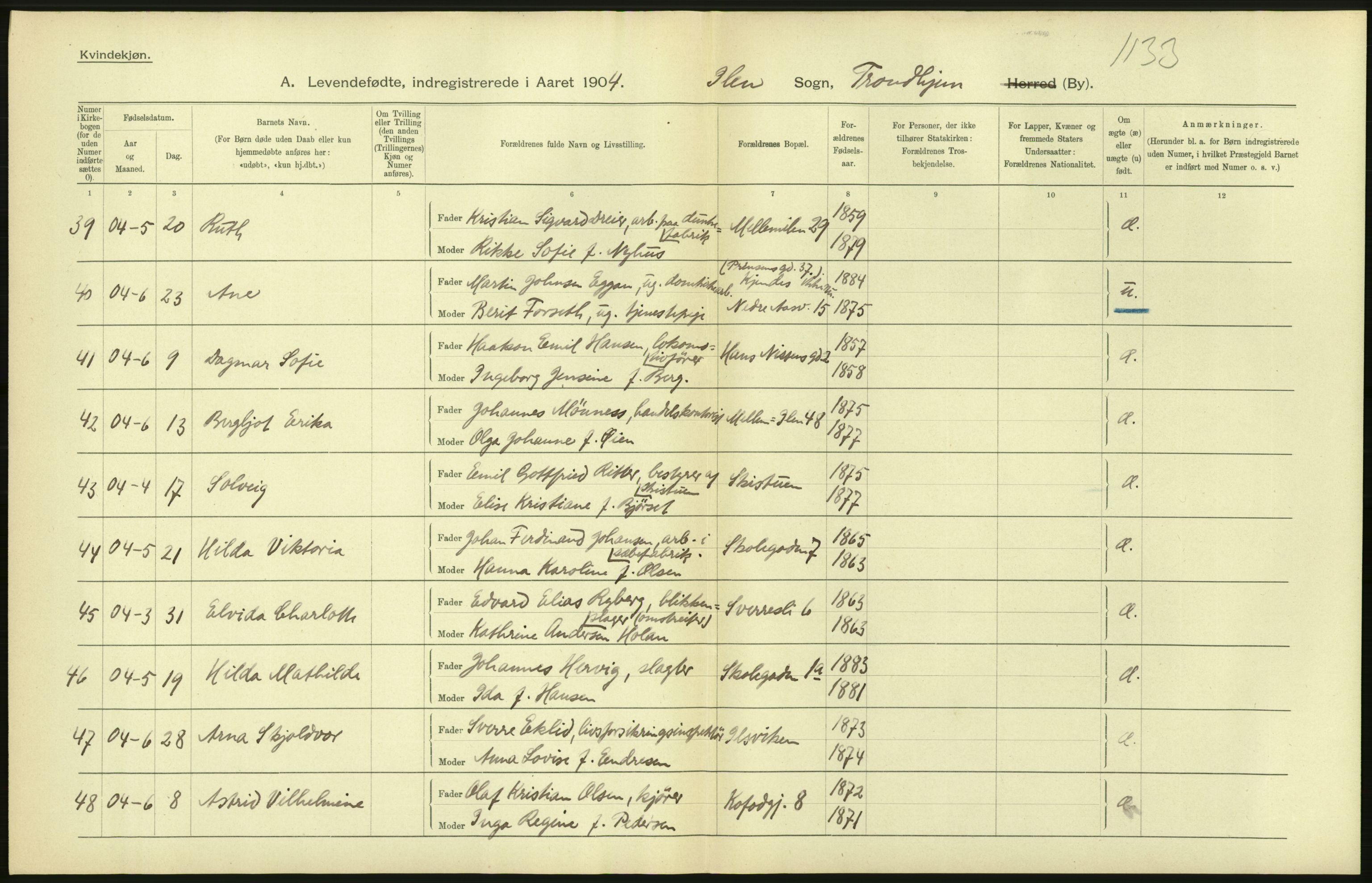Statistisk sentralbyrå, Sosiodemografiske emner, Befolkning, AV/RA-S-2228/D/Df/Dfa/Dfab/L0018: Trondhjem: Fødte, gifte, døde., 1904, p. 172