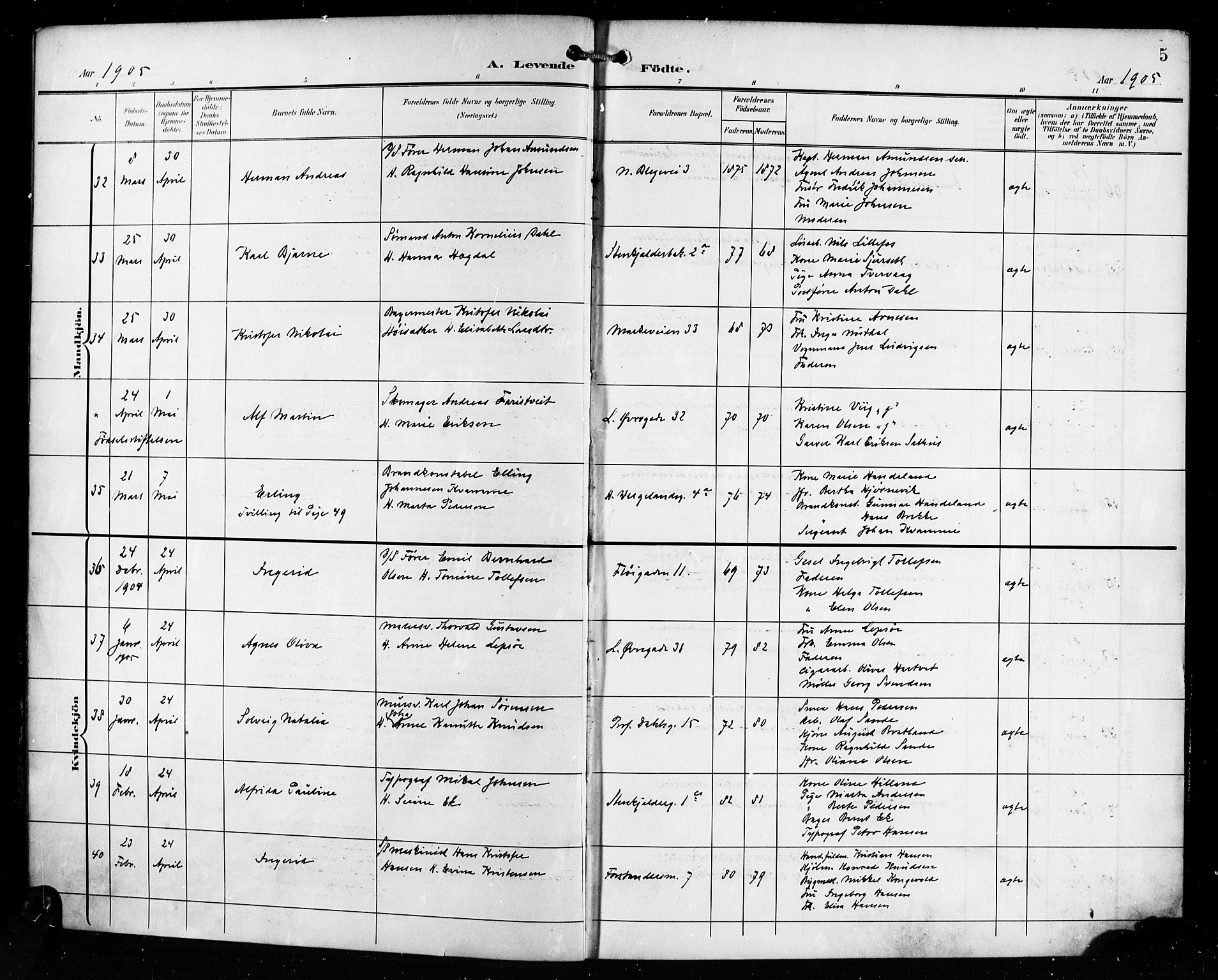 Korskirken sokneprestembete, SAB/A-76101/H/Hab: Parish register (copy) no. B 11, 1905-1916, p. 5