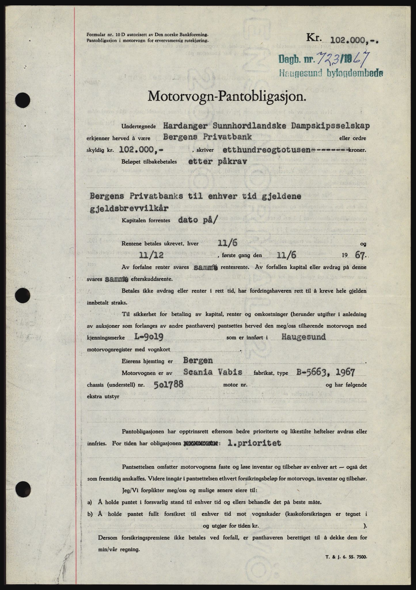 Haugesund tingrett, SAST/A-101415/01/II/IIC/L0056: Mortgage book no. B 56, 1966-1967, Diary no: : 723/1967