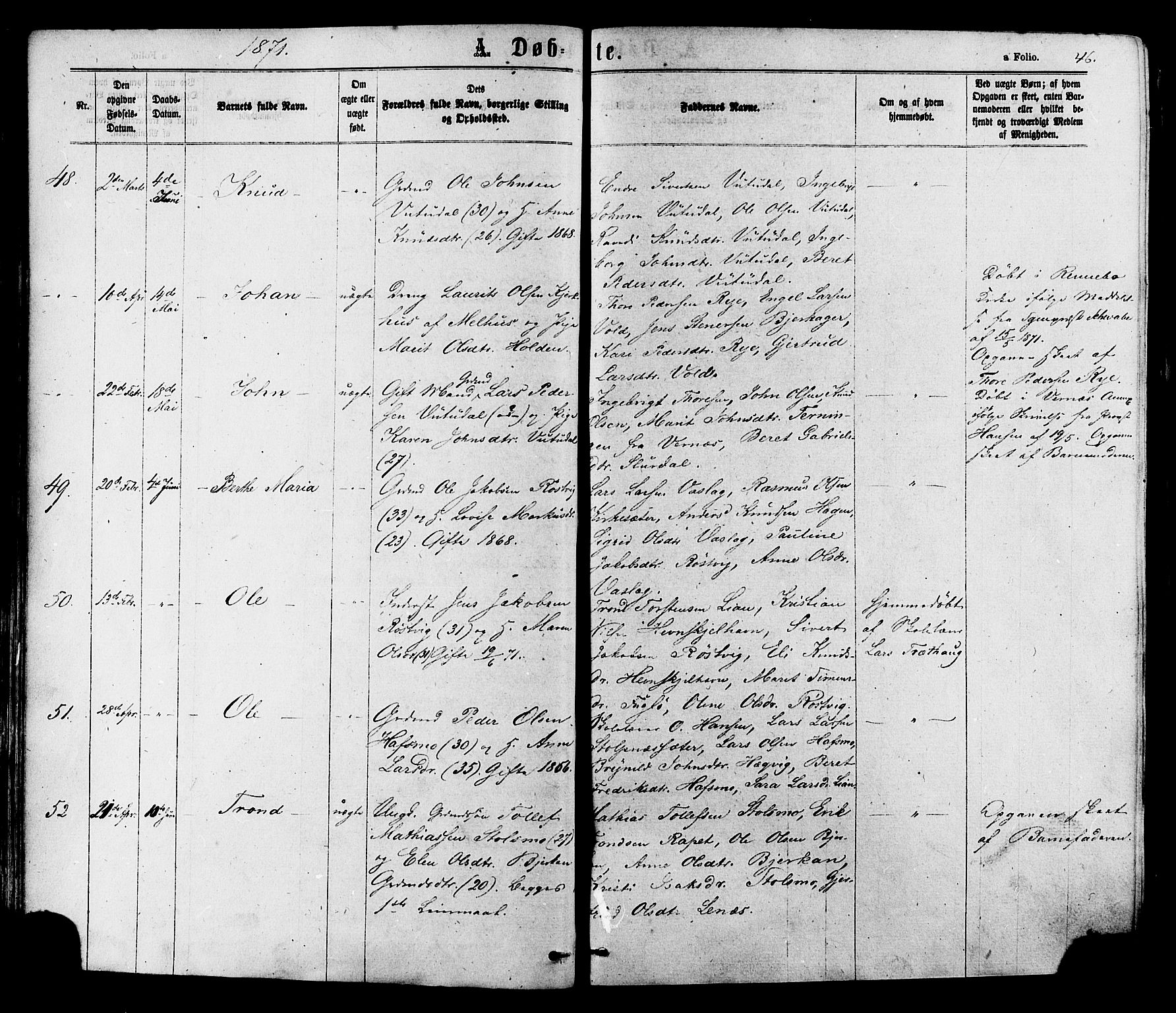Ministerialprotokoller, klokkerbøker og fødselsregistre - Sør-Trøndelag, AV/SAT-A-1456/630/L0495: Parish register (official) no. 630A08, 1868-1878, p. 46