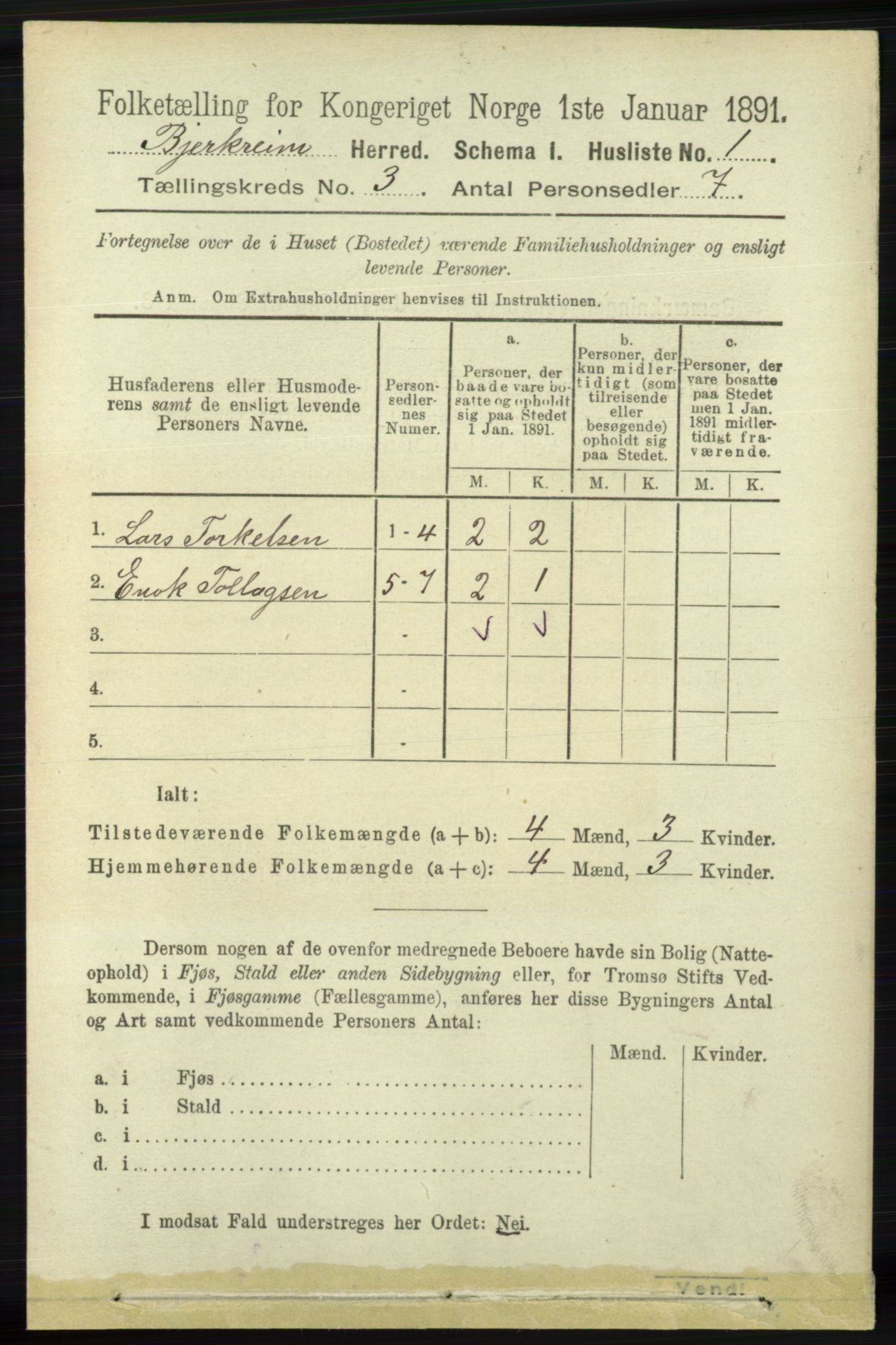 RA, 1891 census for 1114 Bjerkreim, 1891, p. 847