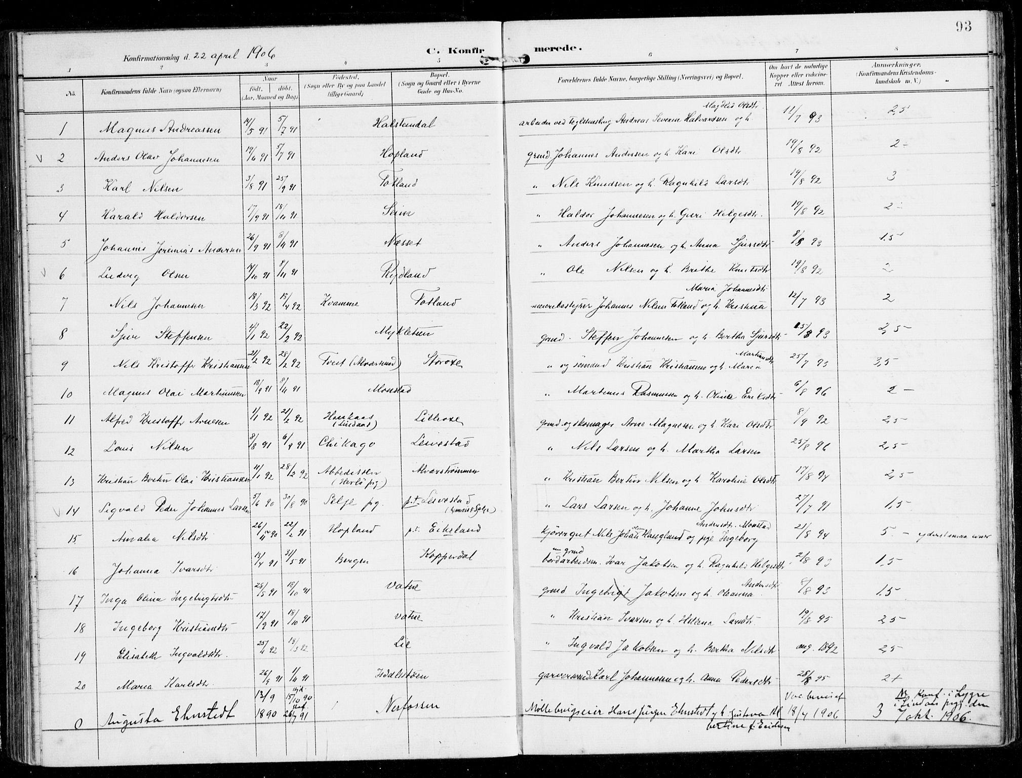Alversund Sokneprestembete, SAB/A-73901/H/Ha/Haa/Haad/L0004: Parish register (official) no. D 4, 1898-1926, p. 93