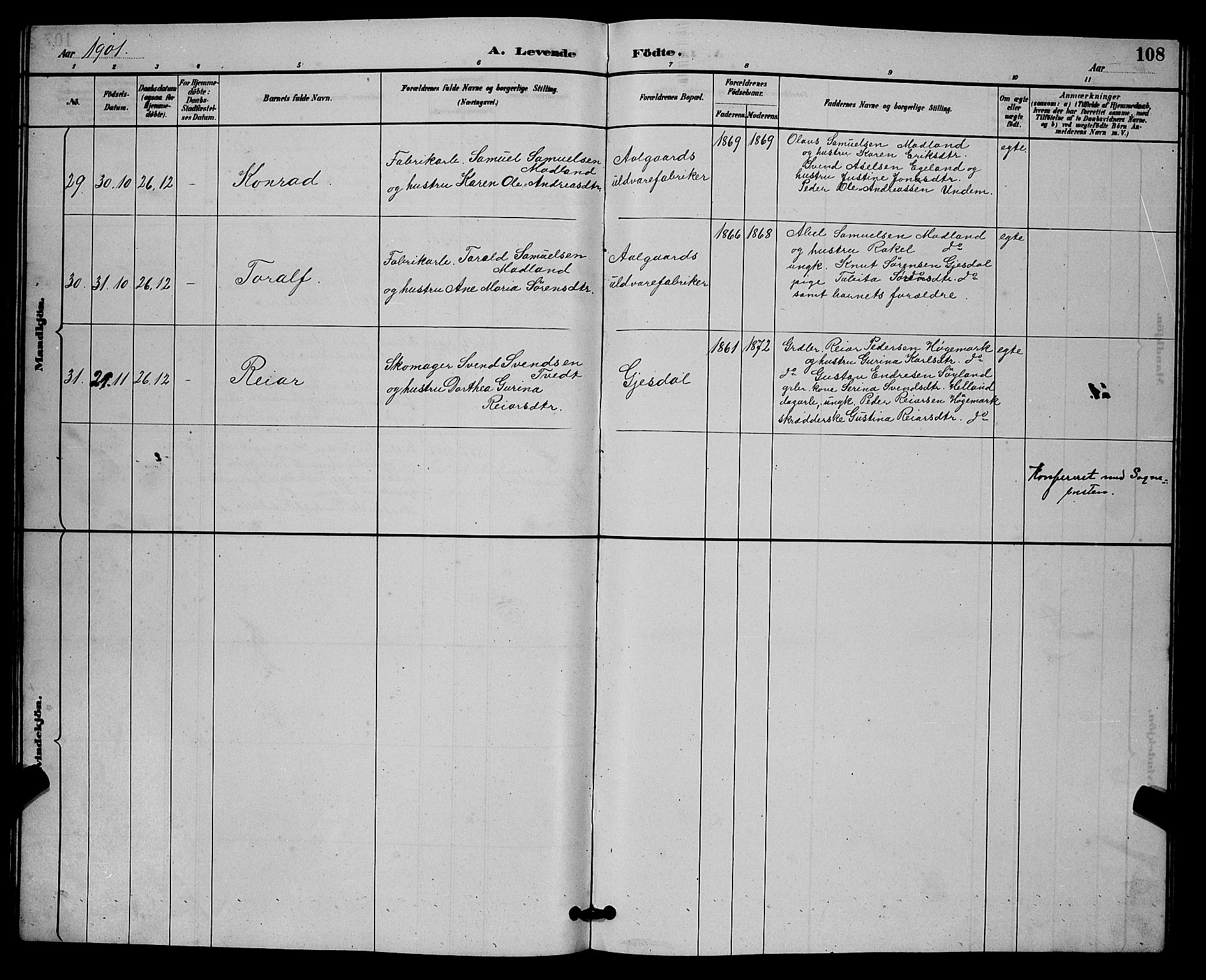 Lye sokneprestkontor, AV/SAST-A-101794/001/30BB/L0008: Parish register (copy) no. B 7, 1887-1901, p. 108