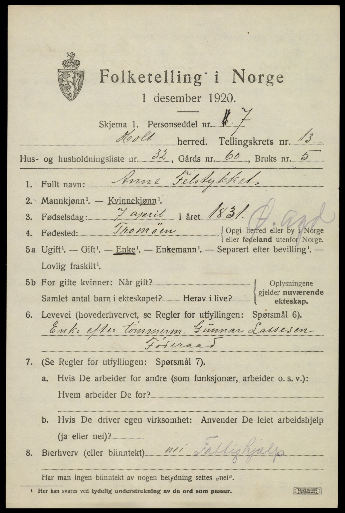 SAK, 1920 census for Holt, 1920, p. 7976