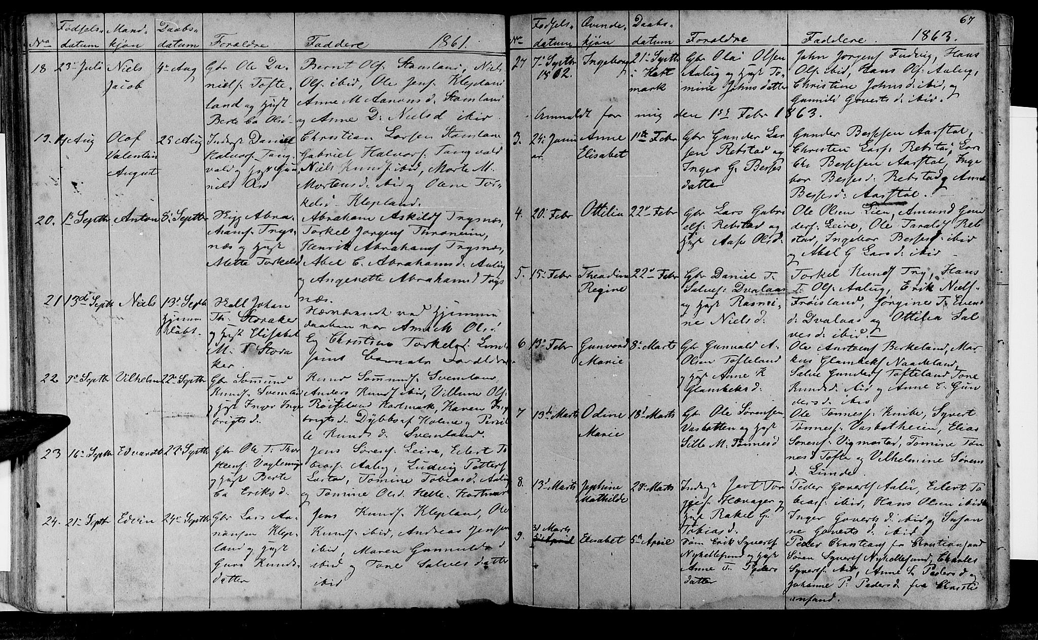 Søgne sokneprestkontor, AV/SAK-1111-0037/F/Fb/Fbb/L0003: Parish register (copy) no. B 3, 1848-1864, p. 67