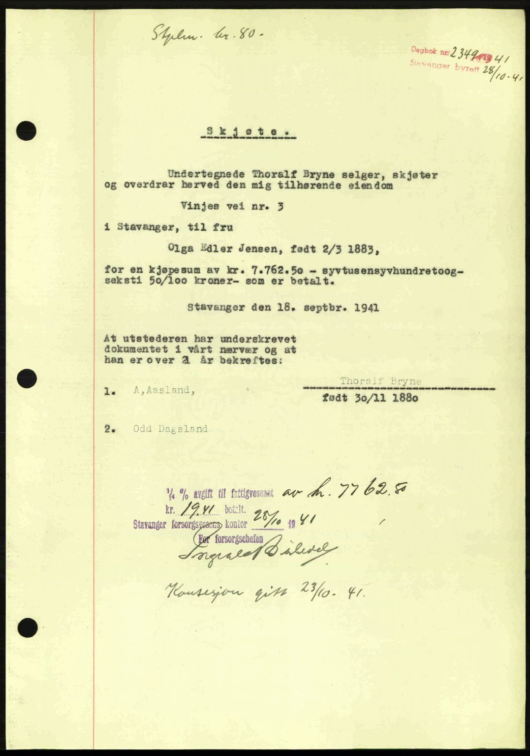 Stavanger byrett, SAST/A-100455/002/G/Gb/L0017: Mortgage book no. A7, 1941-1943, Diary no: : 2349/1941