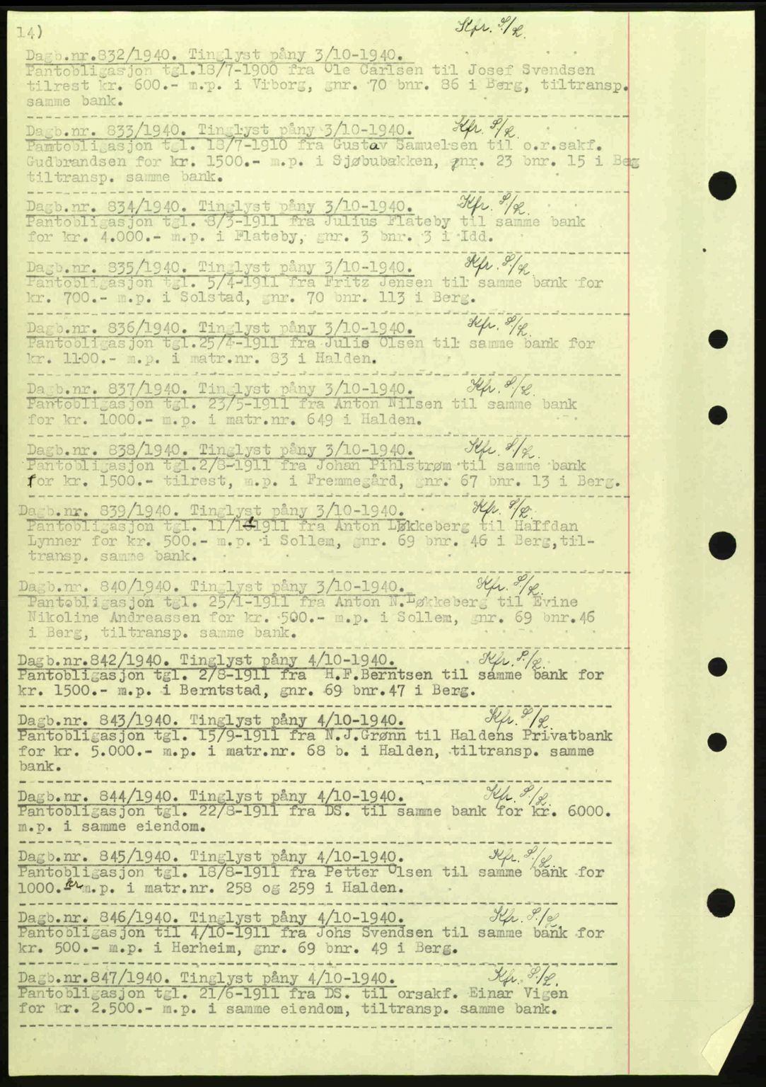 Idd og Marker sorenskriveri, AV/SAO-A-10283/G/Gb/Gbc/L0002: Mortgage book no. B4-9a, 1939-1945, Diary no: : 832/1940