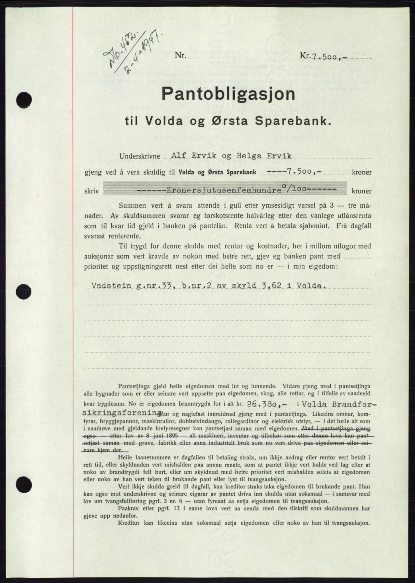 Søre Sunnmøre sorenskriveri, AV/SAT-A-4122/1/2/2C/L0114: Mortgage book no. 1-2B, 1943-1947, Diary no: : 452/1947