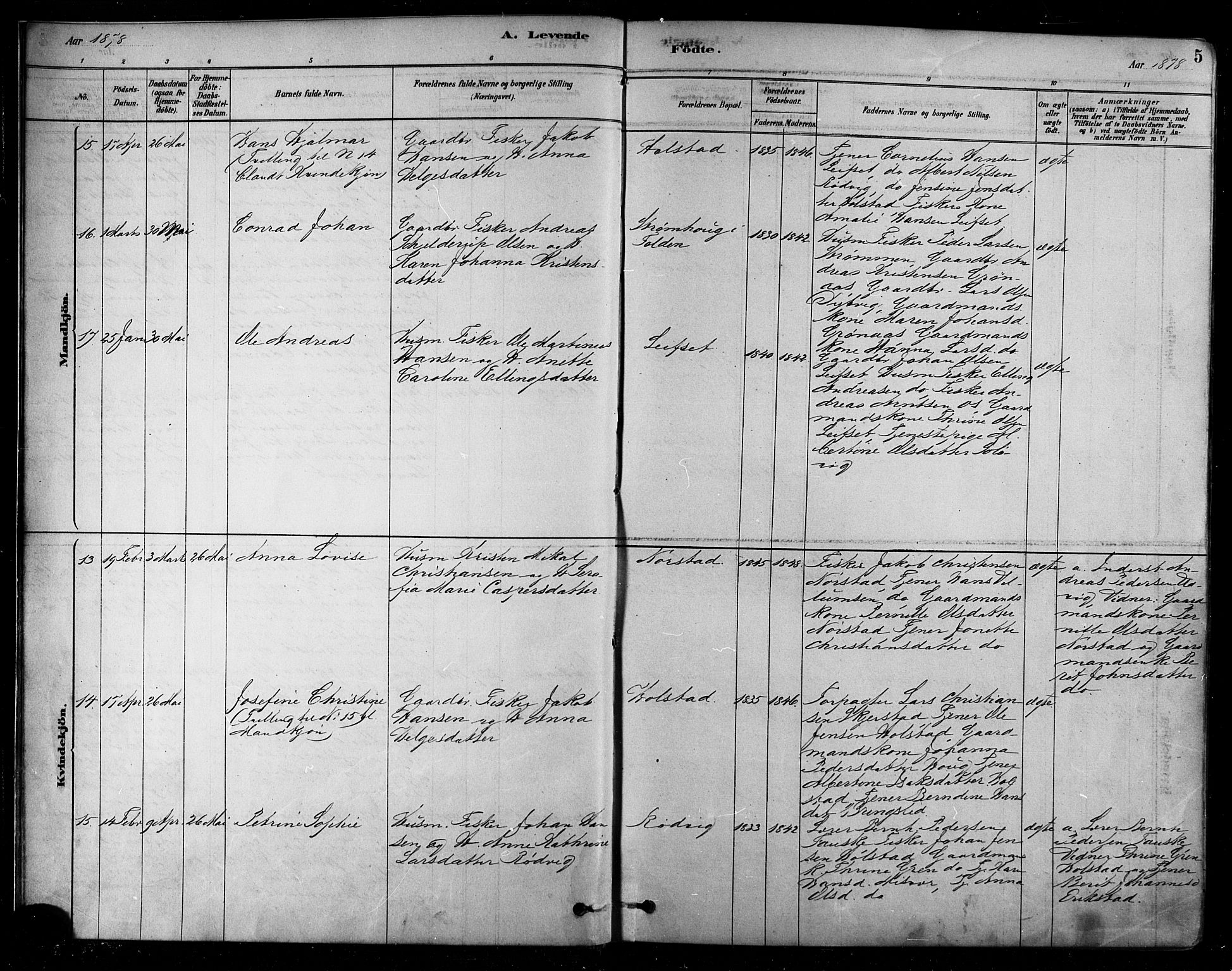 Ministerialprotokoller, klokkerbøker og fødselsregistre - Nordland, AV/SAT-A-1459/852/L0740: Parish register (official) no. 852A10, 1878-1894, p. 5