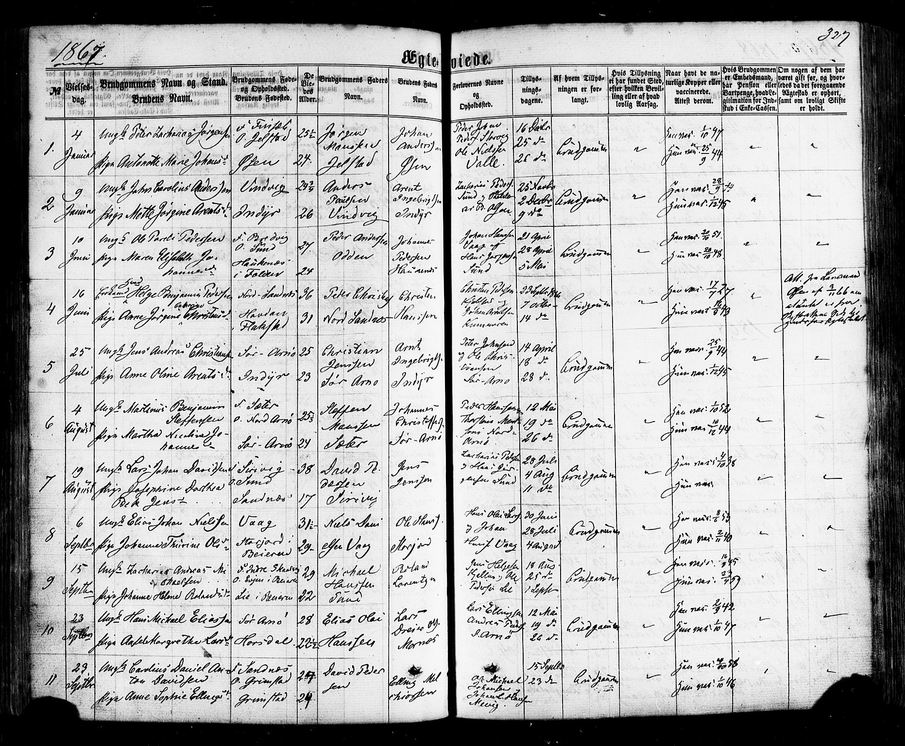 Ministerialprotokoller, klokkerbøker og fødselsregistre - Nordland, SAT/A-1459/805/L0098: Parish register (official) no. 805A05, 1862-1879, p. 327