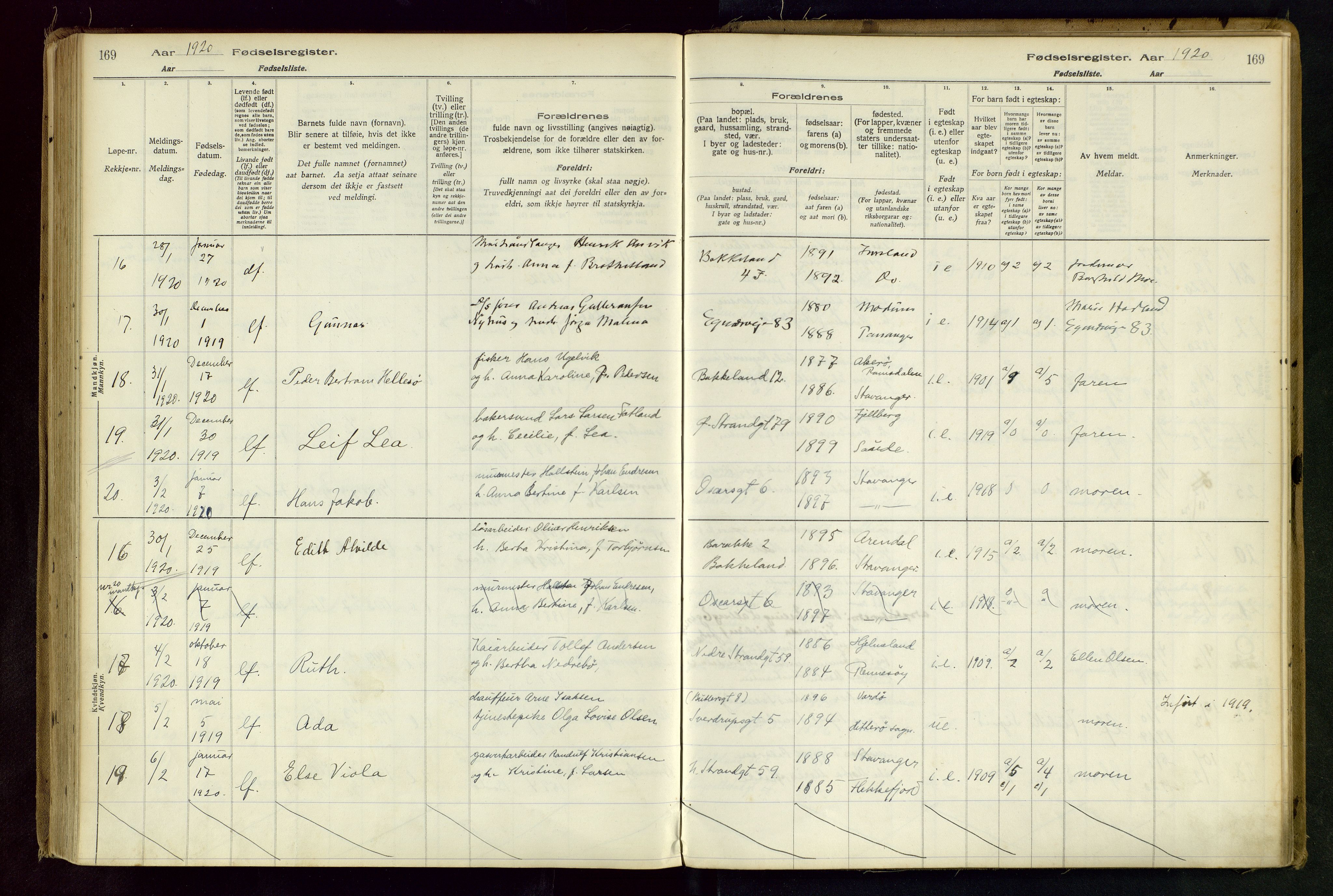 Domkirken sokneprestkontor, AV/SAST-A-101812/002/B/L0001: Birth register no. 1, 1916-1920, p. 169