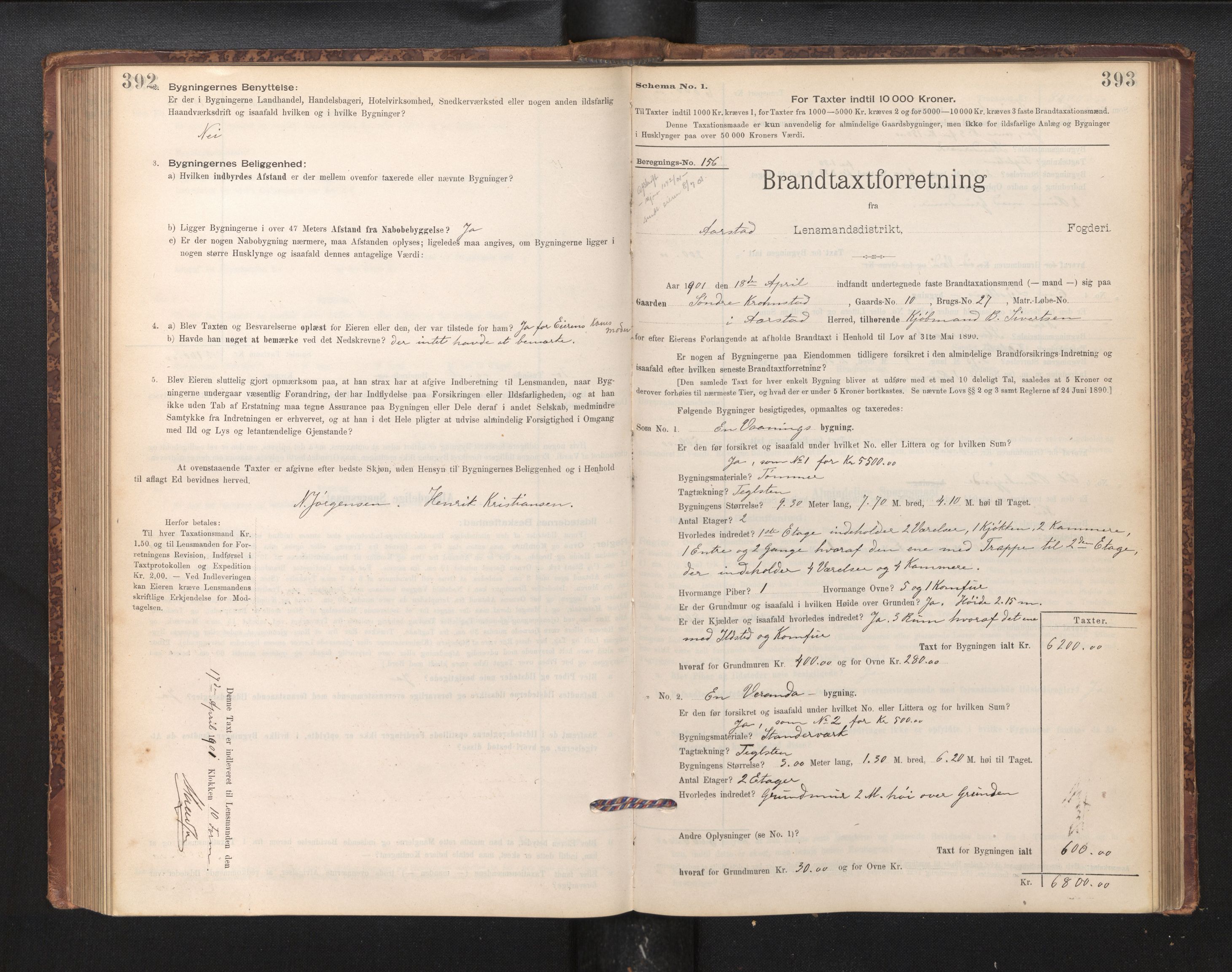 Lensmannen i Årstad, AV/SAB-A-36201/0012/L0011: Branntakstprotokoll,skjematakst, 1895-1901, p. 392-393
