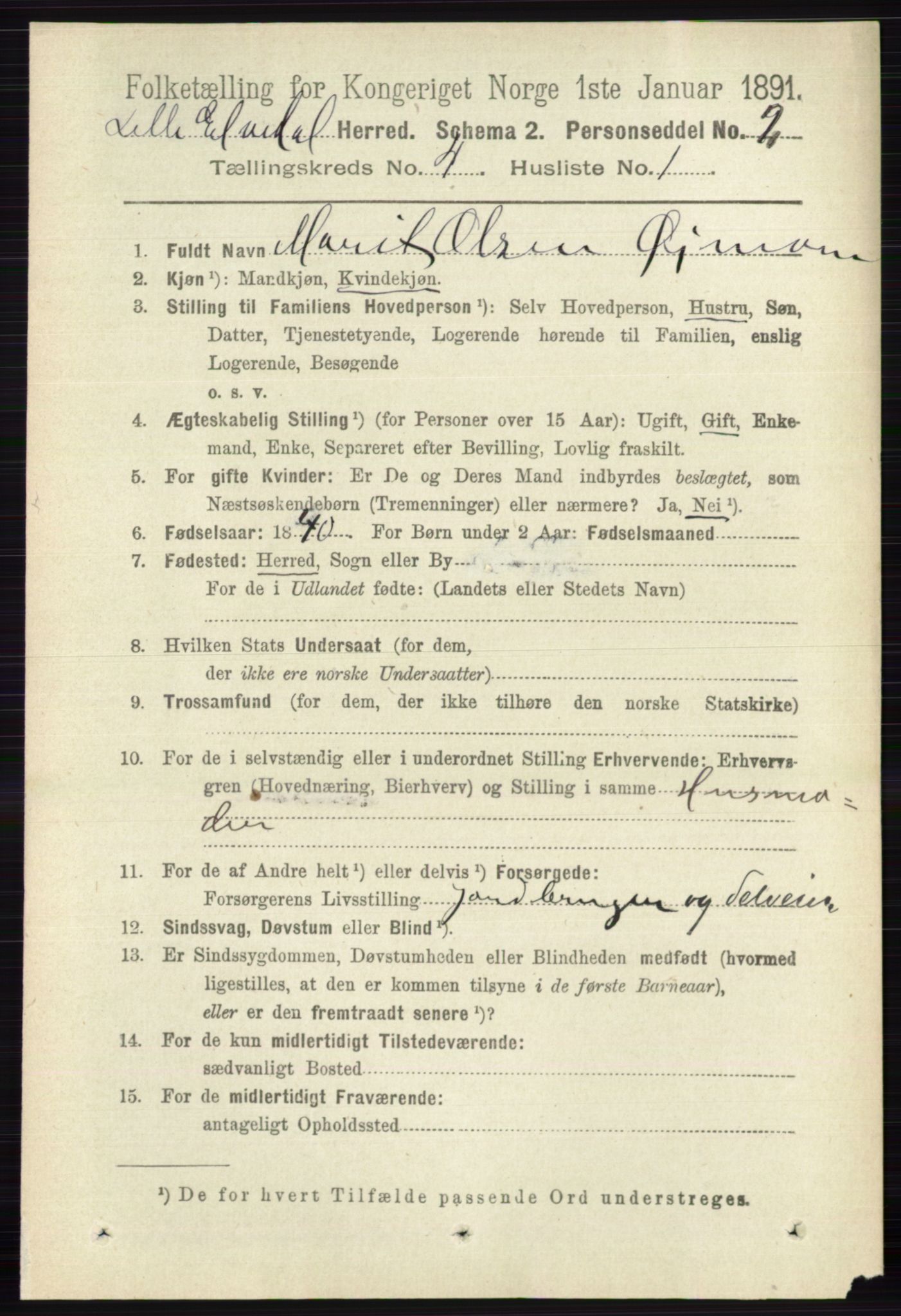 RA, 1891 census for 0438 Lille Elvedalen, 1891, p. 1325