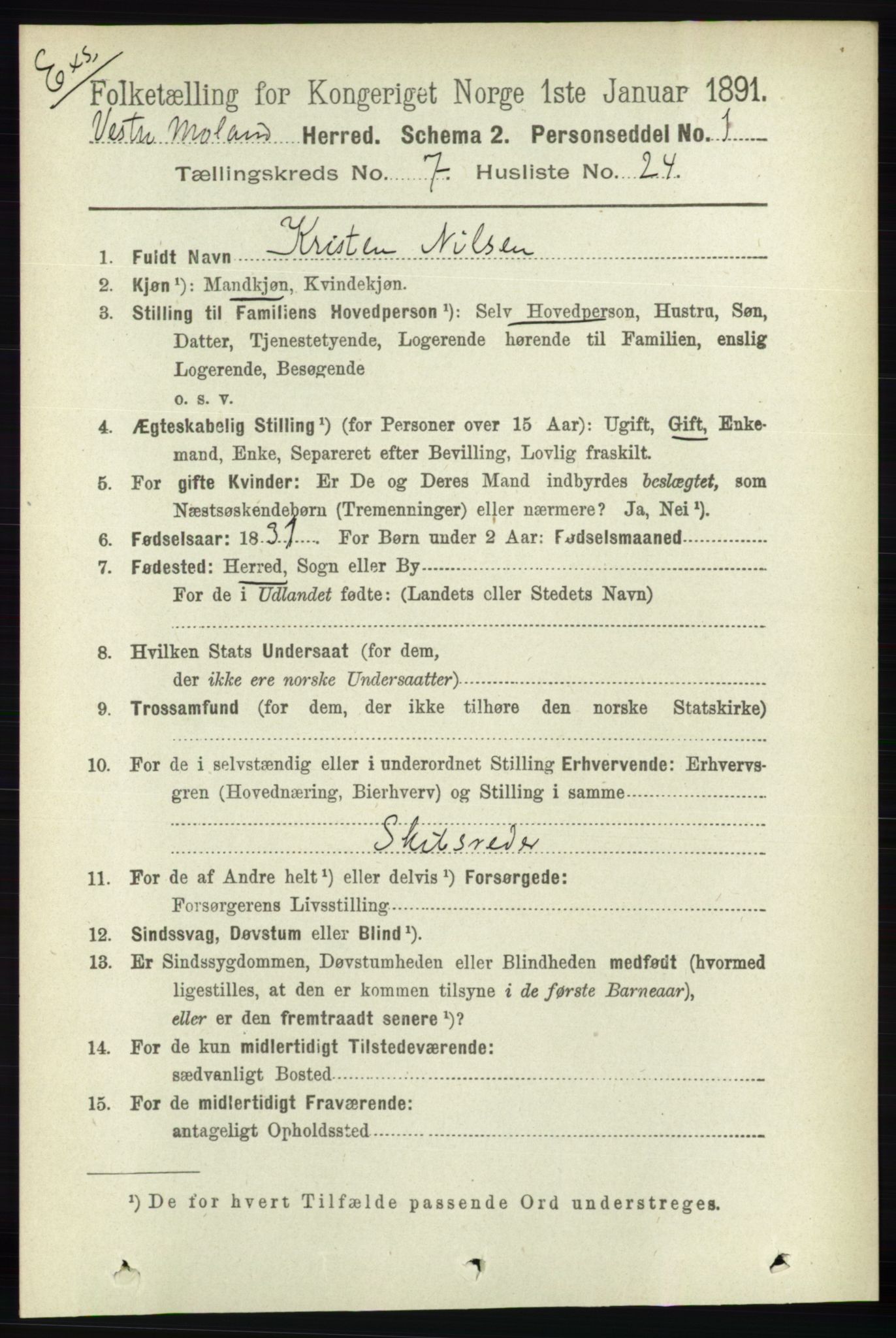 RA, Census 1891 for Nedenes amt: Gjenparter av personsedler for beslektede ektefeller, menn, 1891, p. 821