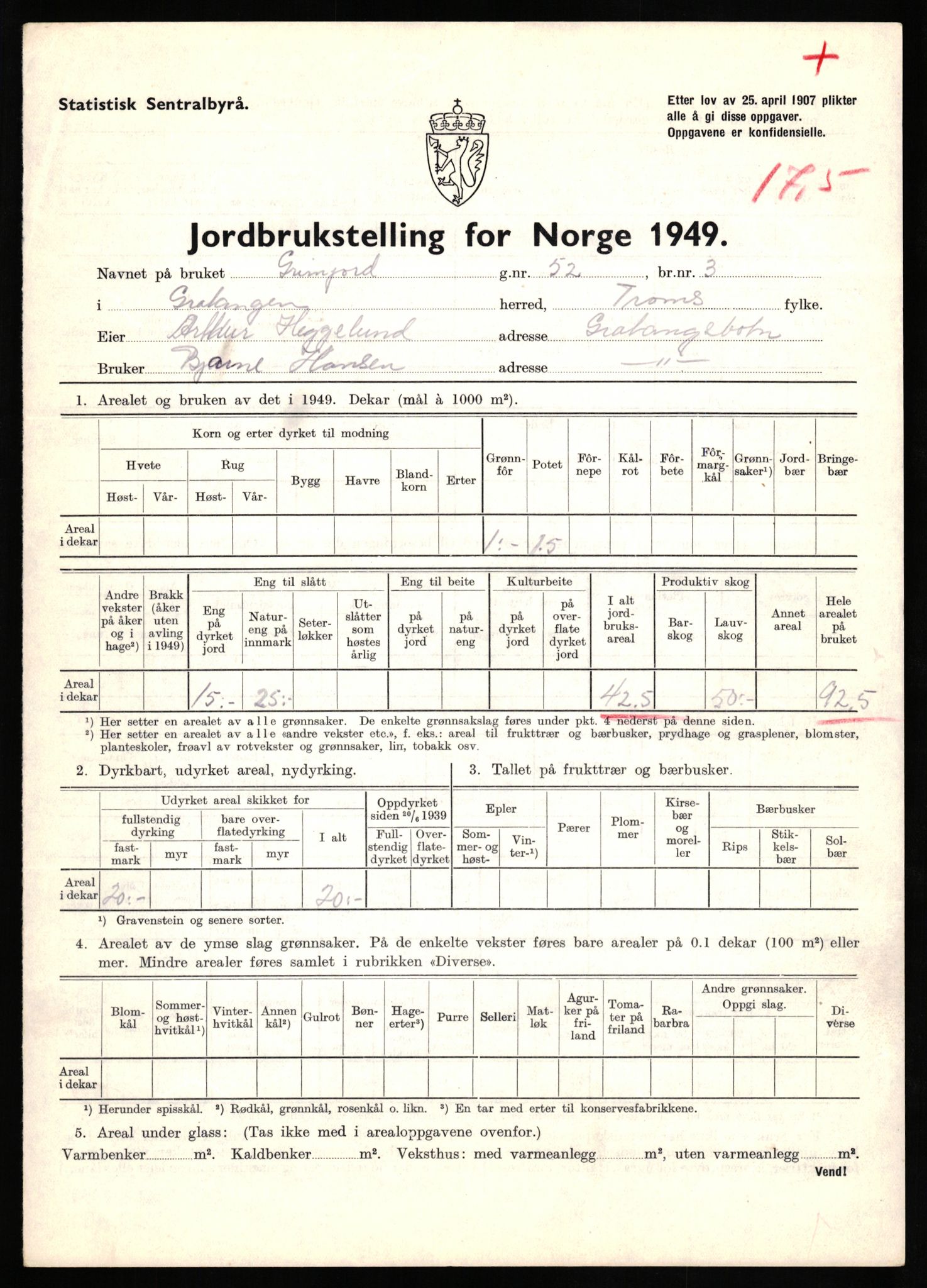 Statistisk sentralbyrå, Næringsøkonomiske emner, Jordbruk, skogbruk, jakt, fiske og fangst, AV/RA-S-2234/G/Gc/L0437: Troms: Gratangen og Lavangen, 1949, p. 1137