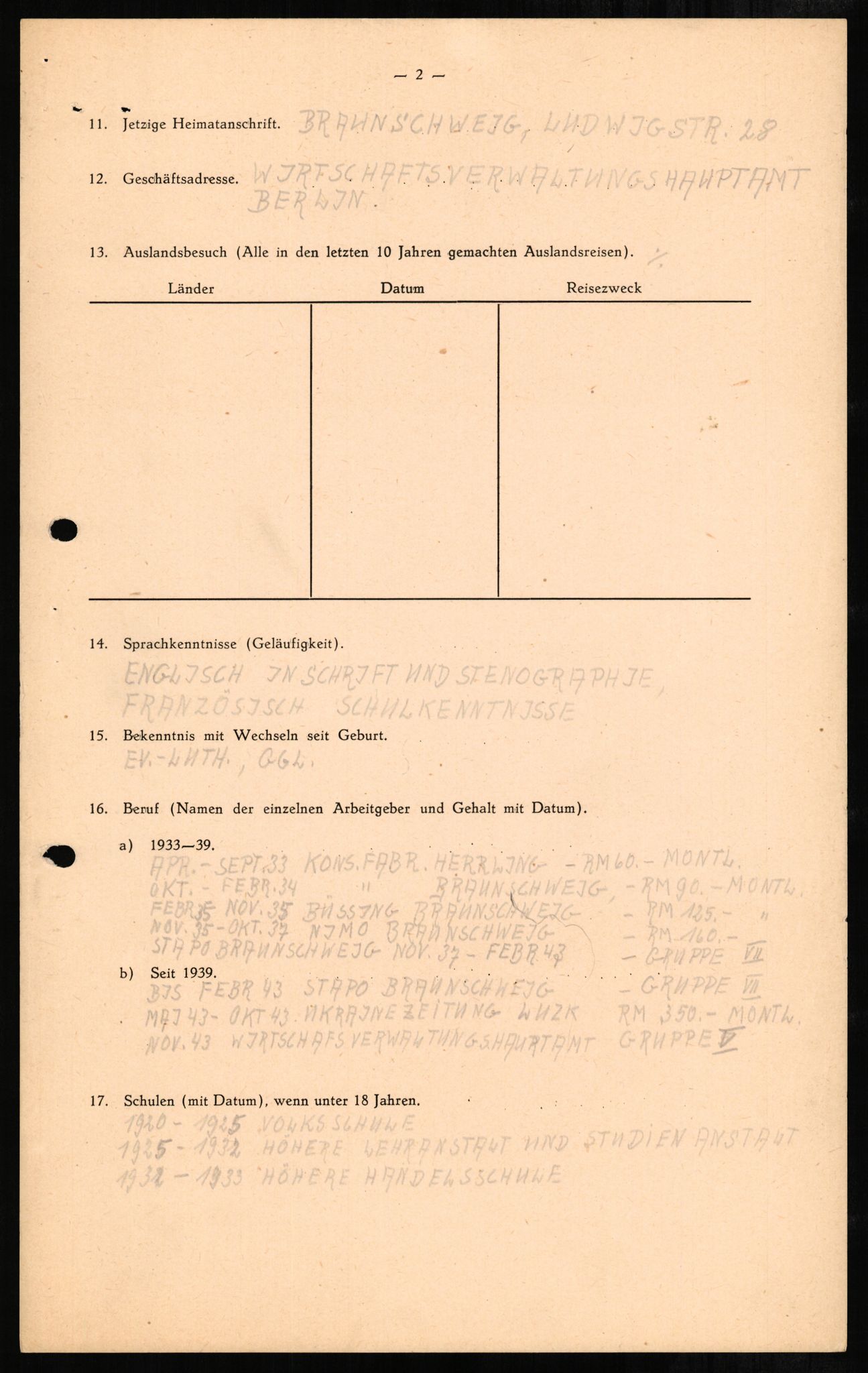 Forsvaret, Forsvarets overkommando II, AV/RA-RAFA-3915/D/Db/L0001: CI Questionaires. Tyske okkupasjonsstyrker i Norge. Tyskere., 1945-1946, p. 7