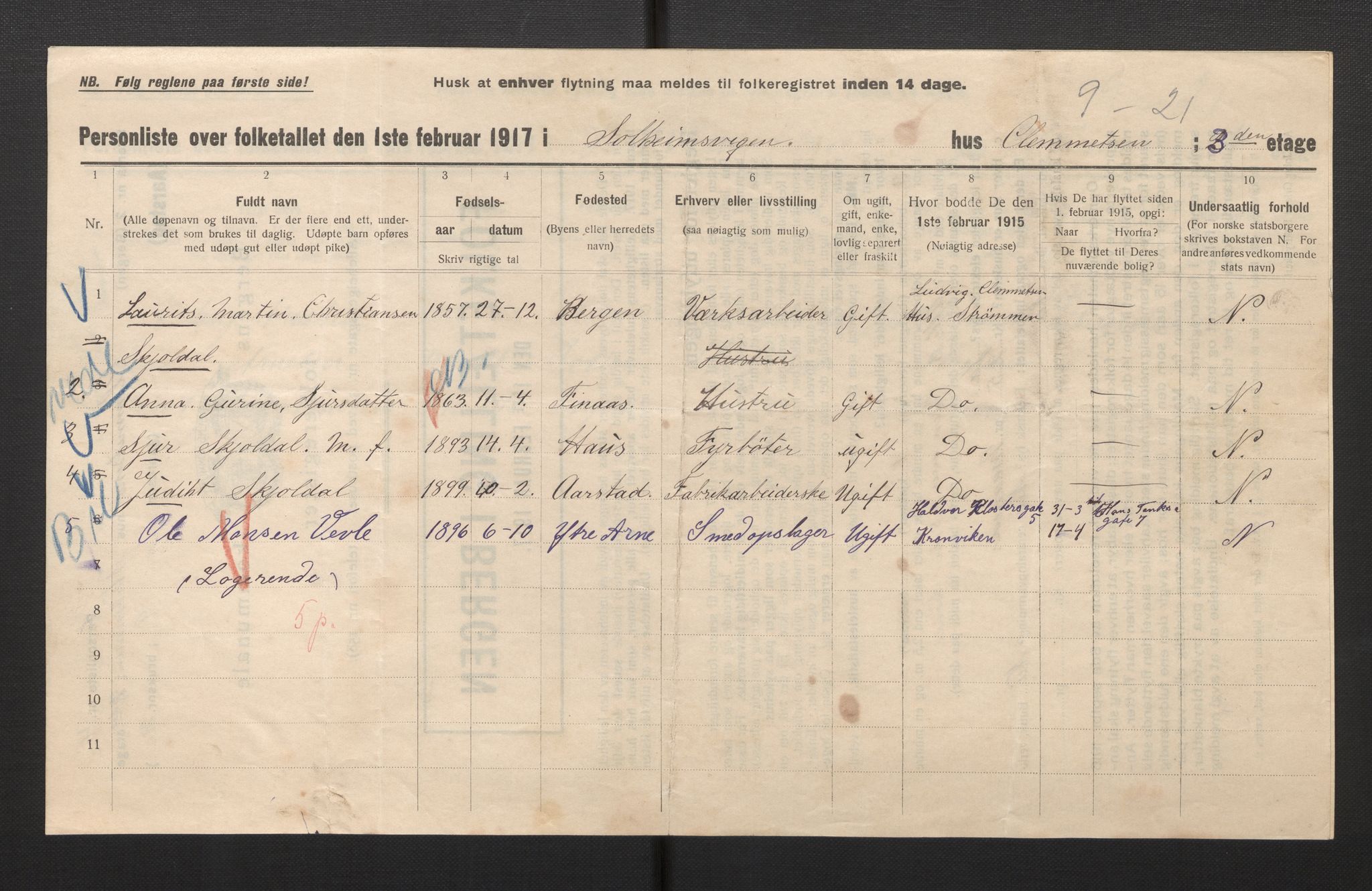 SAB, Municipal Census 1917 for Bergen, 1917, p. 50352