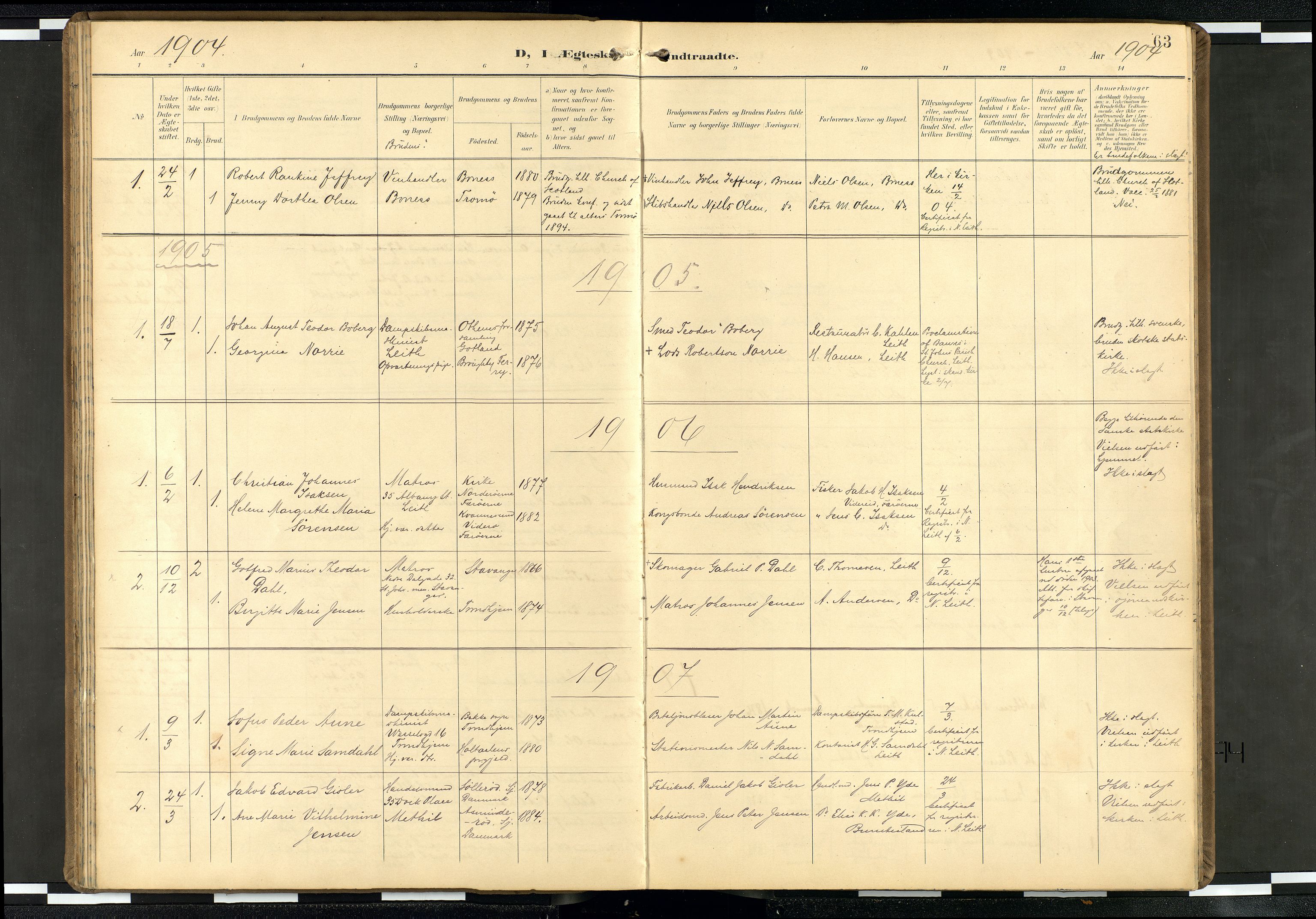 Den norske sjømannsmisjon i utlandet/Skotske havner (Leith, Glasgow), SAB/SAB/PA-0100/H/Ha/Haa/L0004: Parish register (official) no. A 4, 1899-1949, p. 62b-63a