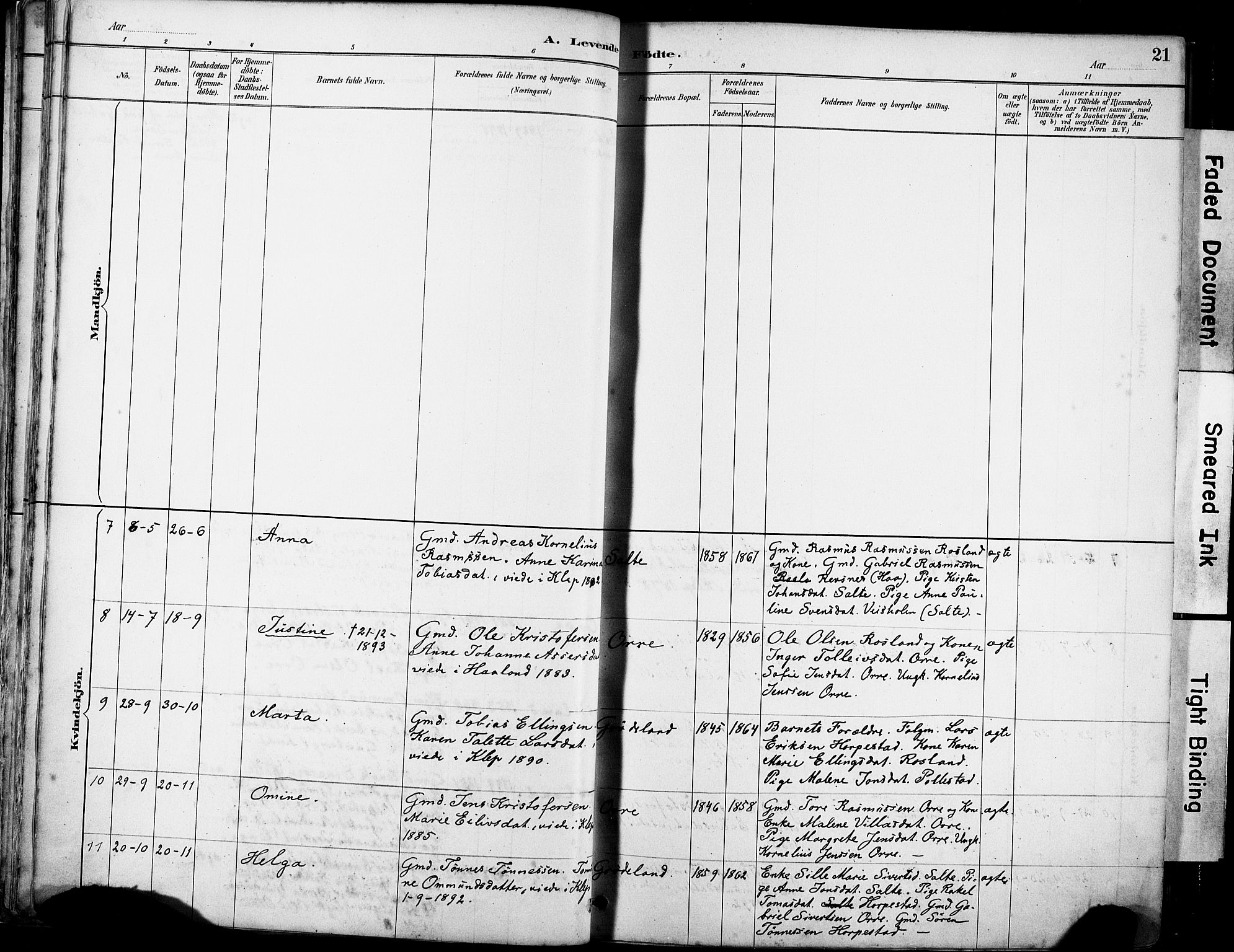 Klepp sokneprestkontor, SAST/A-101803/001/3/30BA/L0007: Parish register (official) no. A 8, 1886-1912, p. 21