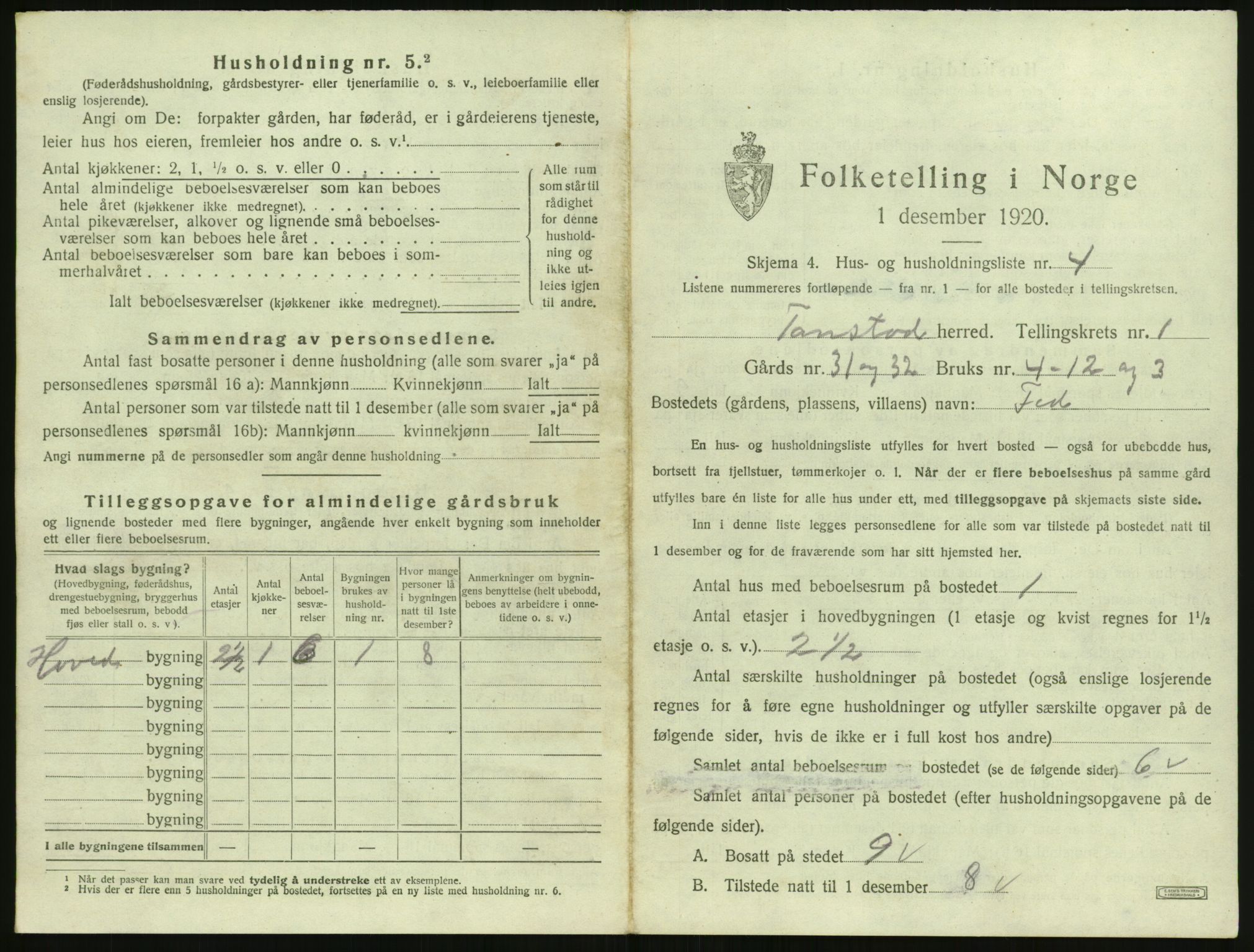 SAK, 1920 census for Tonstad, 1920, p. 36