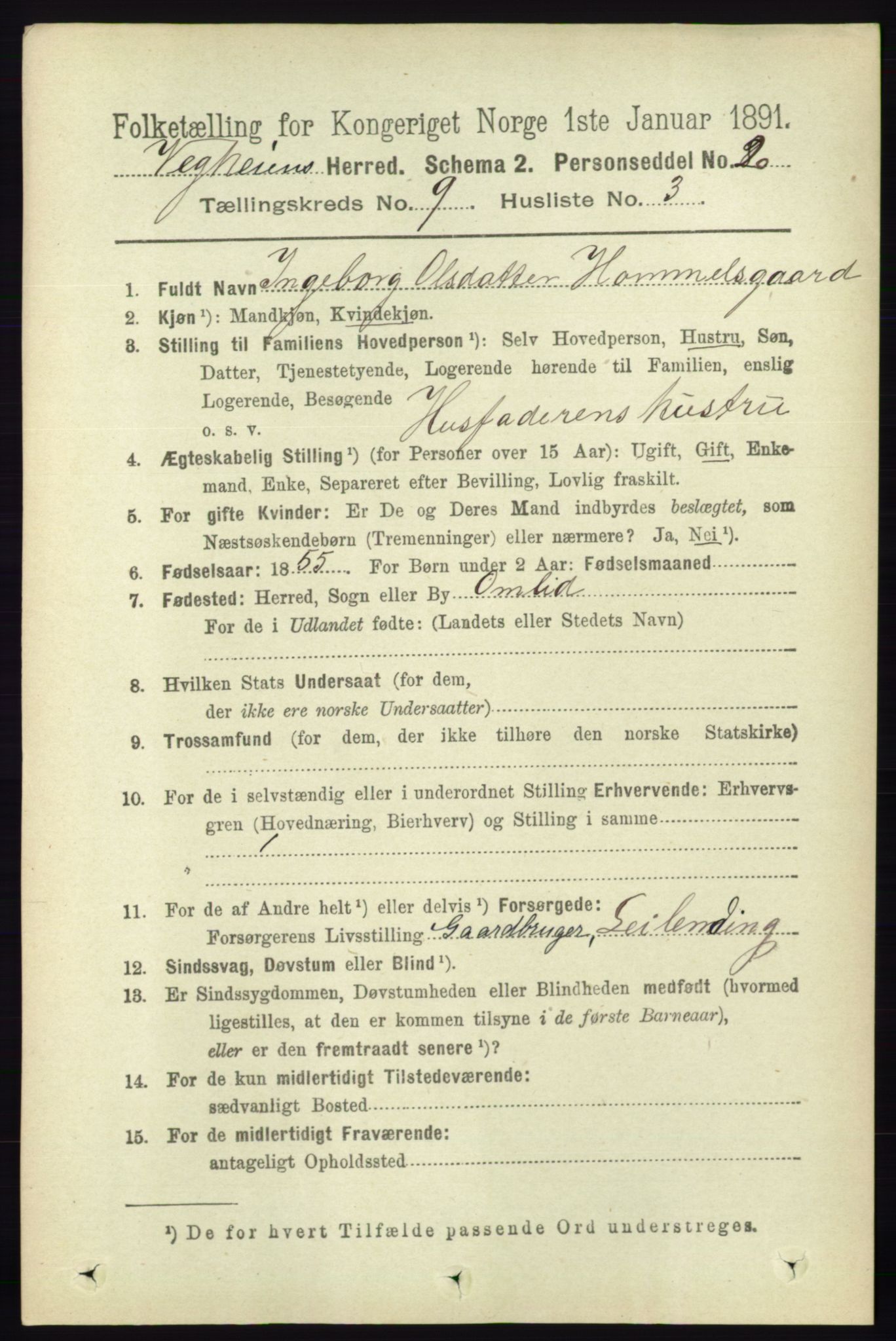 RA, 1891 census for 0912 Vegårshei, 1891, p. 1747