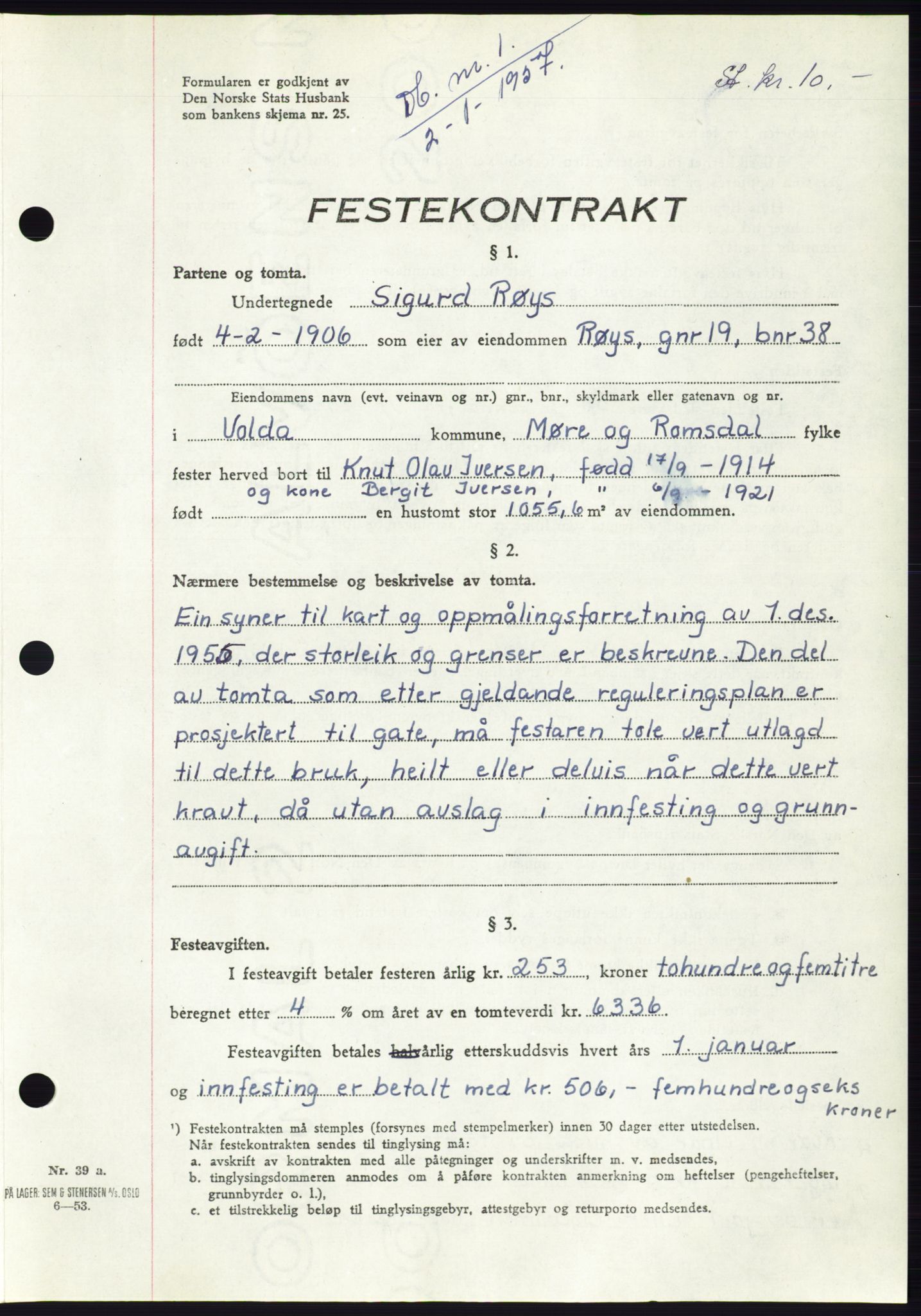 Søre Sunnmøre sorenskriveri, AV/SAT-A-4122/1/2/2C/L0105: Mortgage book no. 31A, 1956-1957, Diary no: : 1/1957