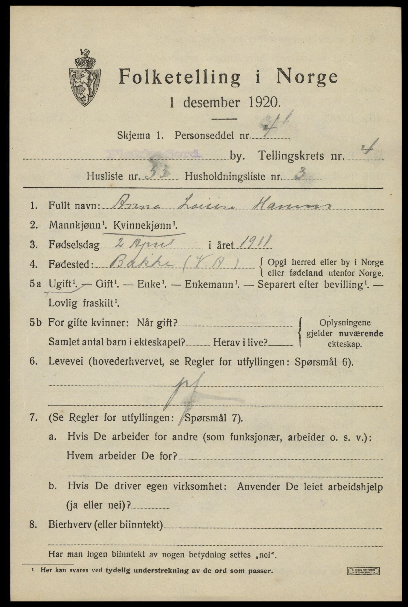 SAK, 1920 census for Flekkefjord, 1920, p. 5128