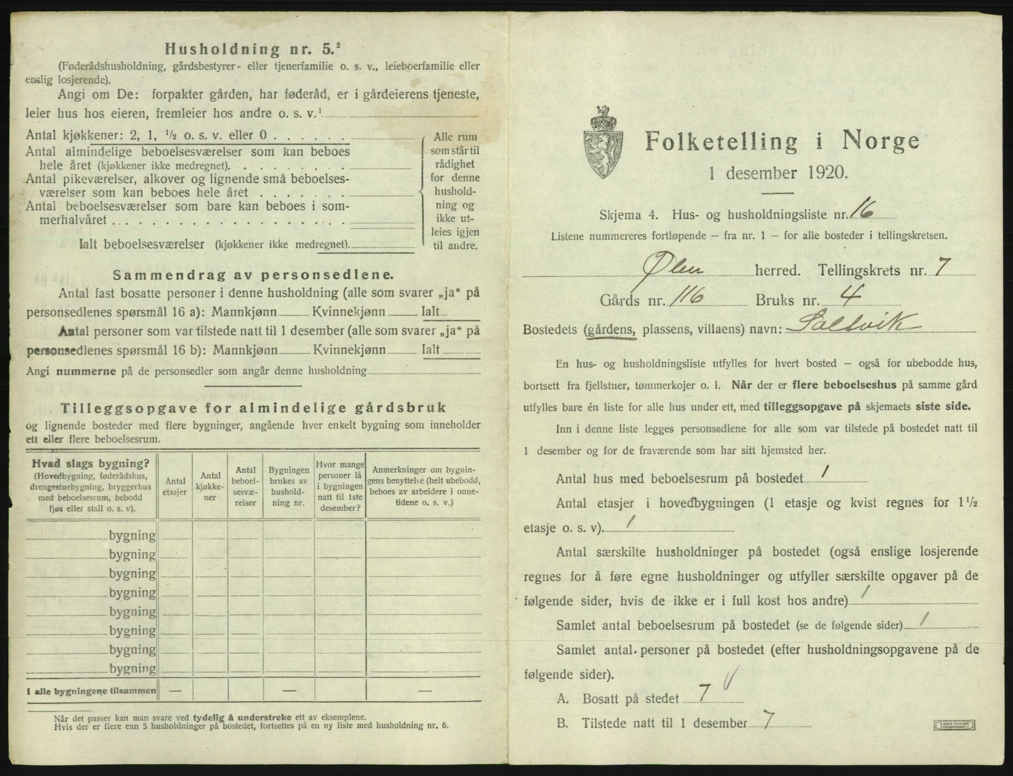 SAB, 1920 census for Ølen, 1920, p. 545