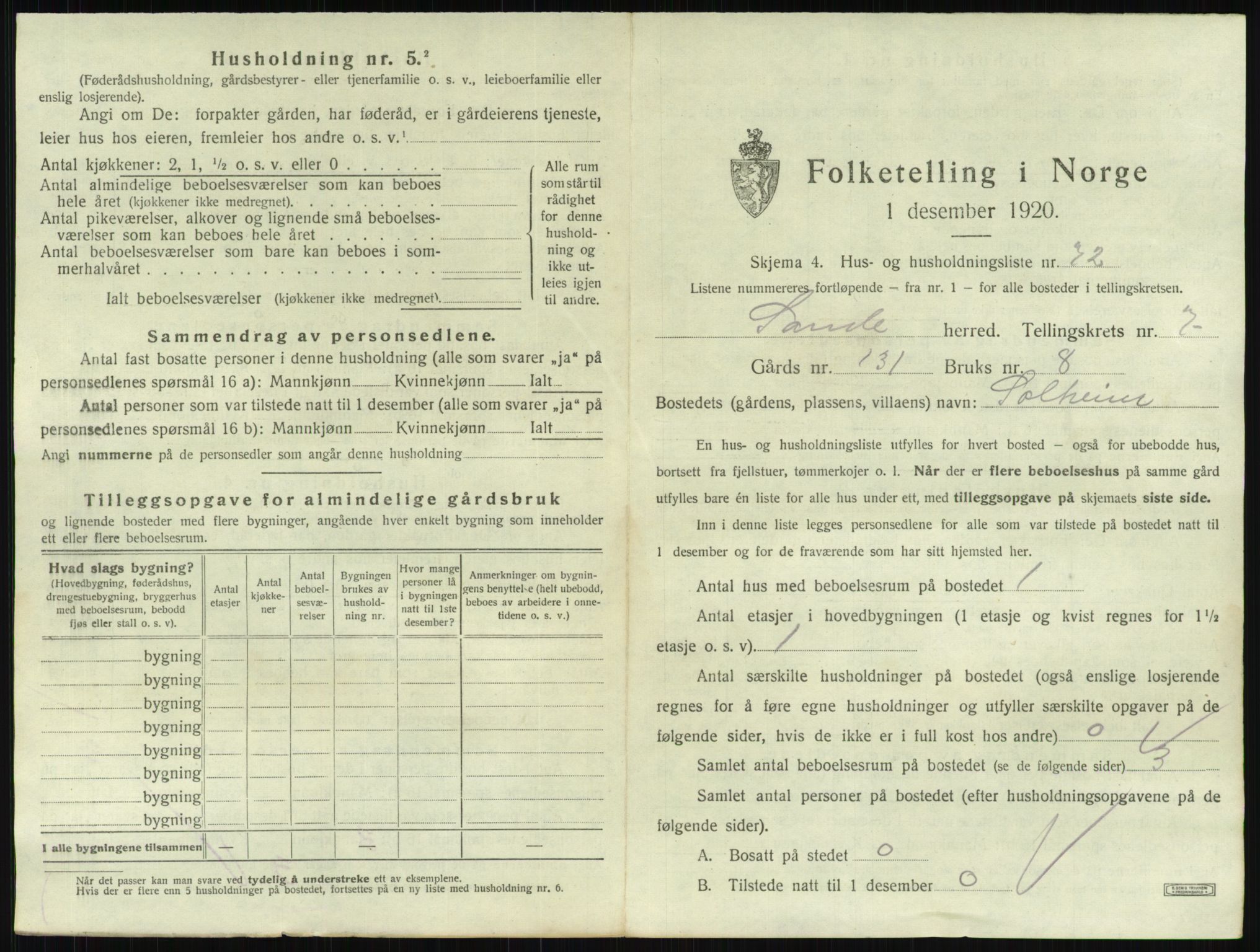 SAKO, 1920 census for Sande, 1920, p. 1355