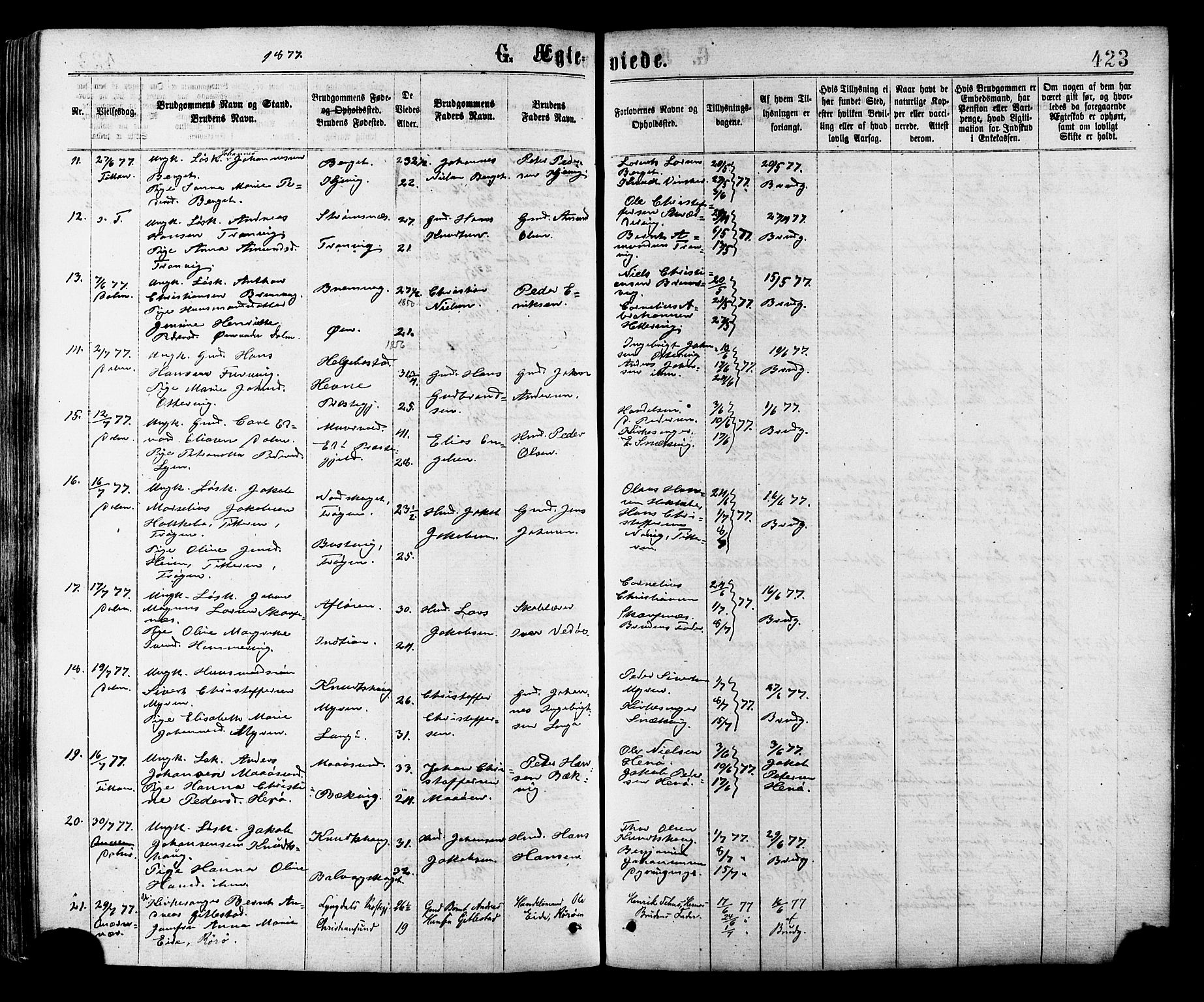 Ministerialprotokoller, klokkerbøker og fødselsregistre - Sør-Trøndelag, SAT/A-1456/634/L0532: Parish register (official) no. 634A08, 1871-1881, p. 423