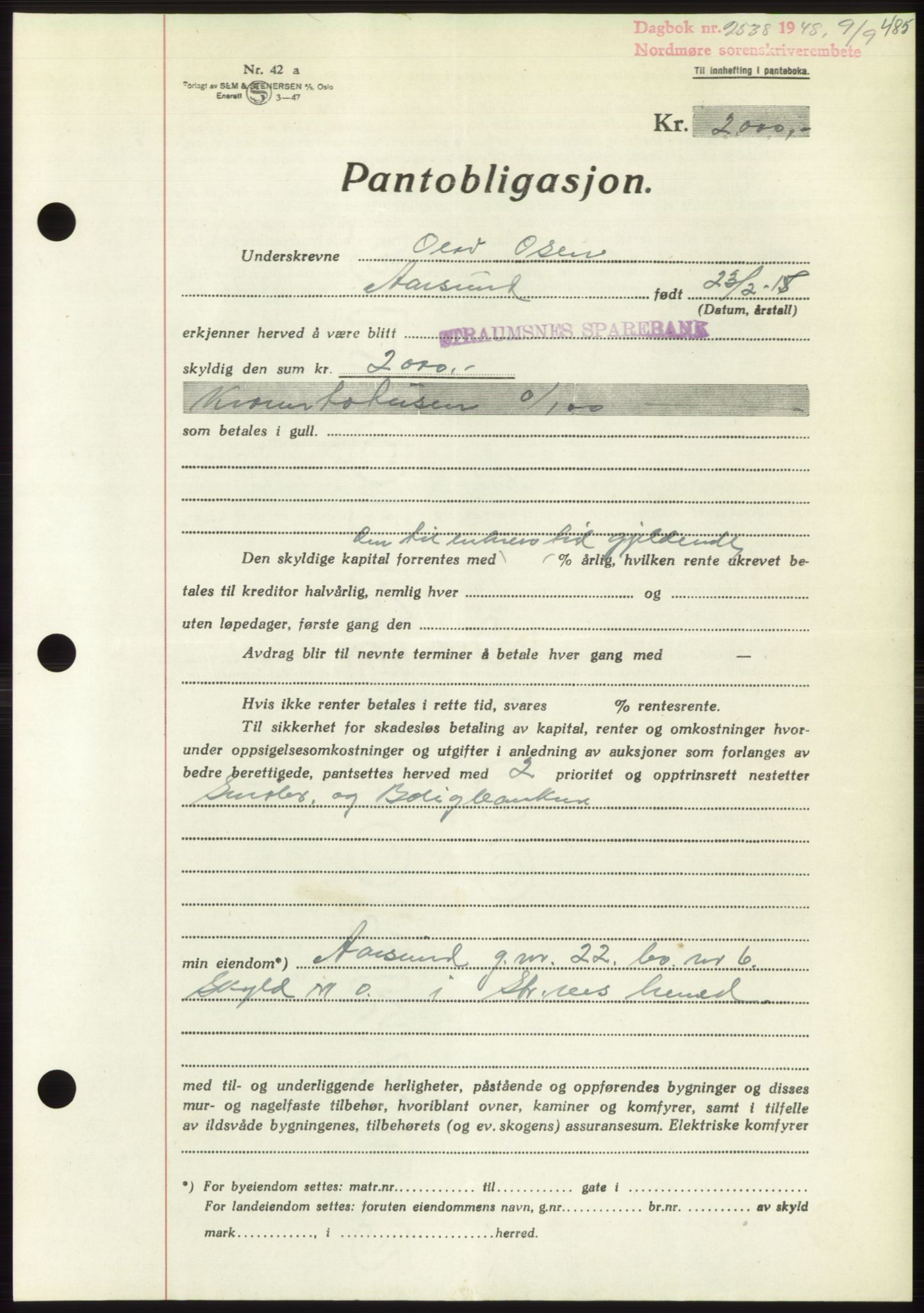 Nordmøre sorenskriveri, AV/SAT-A-4132/1/2/2Ca: Mortgage book no. B99, 1948-1948, Diary no: : 2538/1948