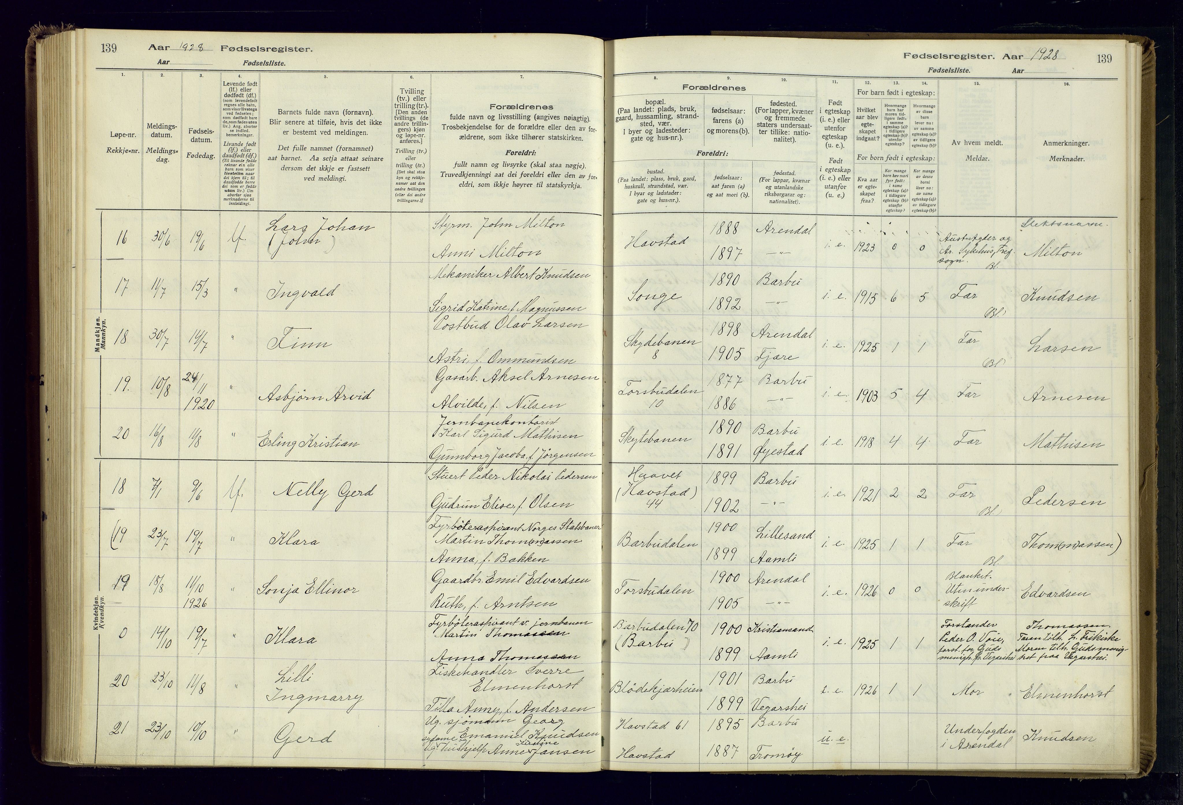 Barbu sokneprestkontor, SAK/1111-0003/J/Ja/L0001: Birth register no. A-VIII-1, 1916-1937, p. 139