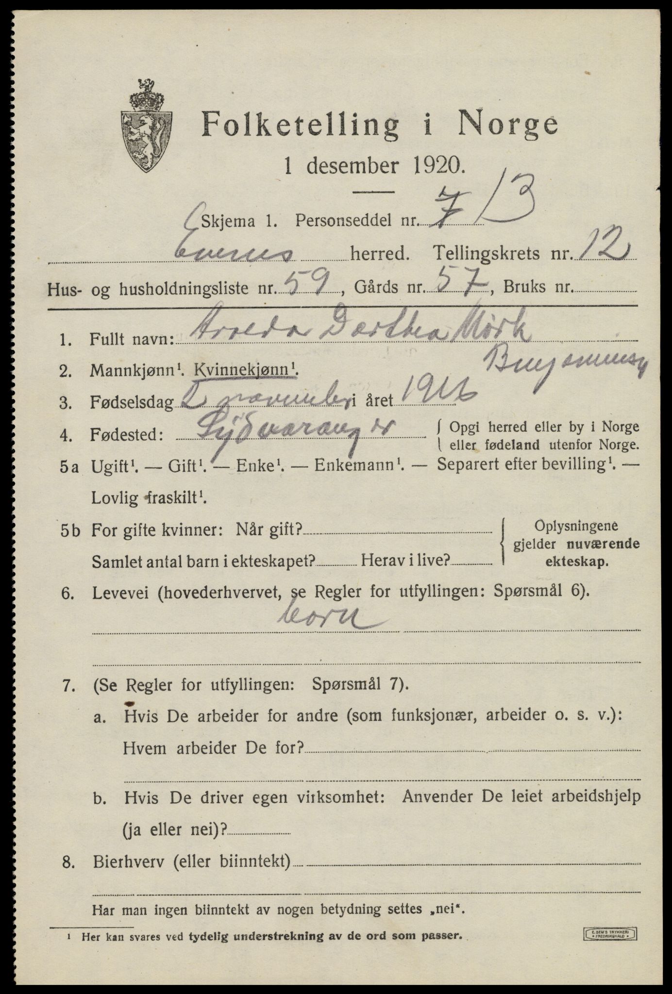 SAT, 1920 census for Evenes, 1920, p. 11844