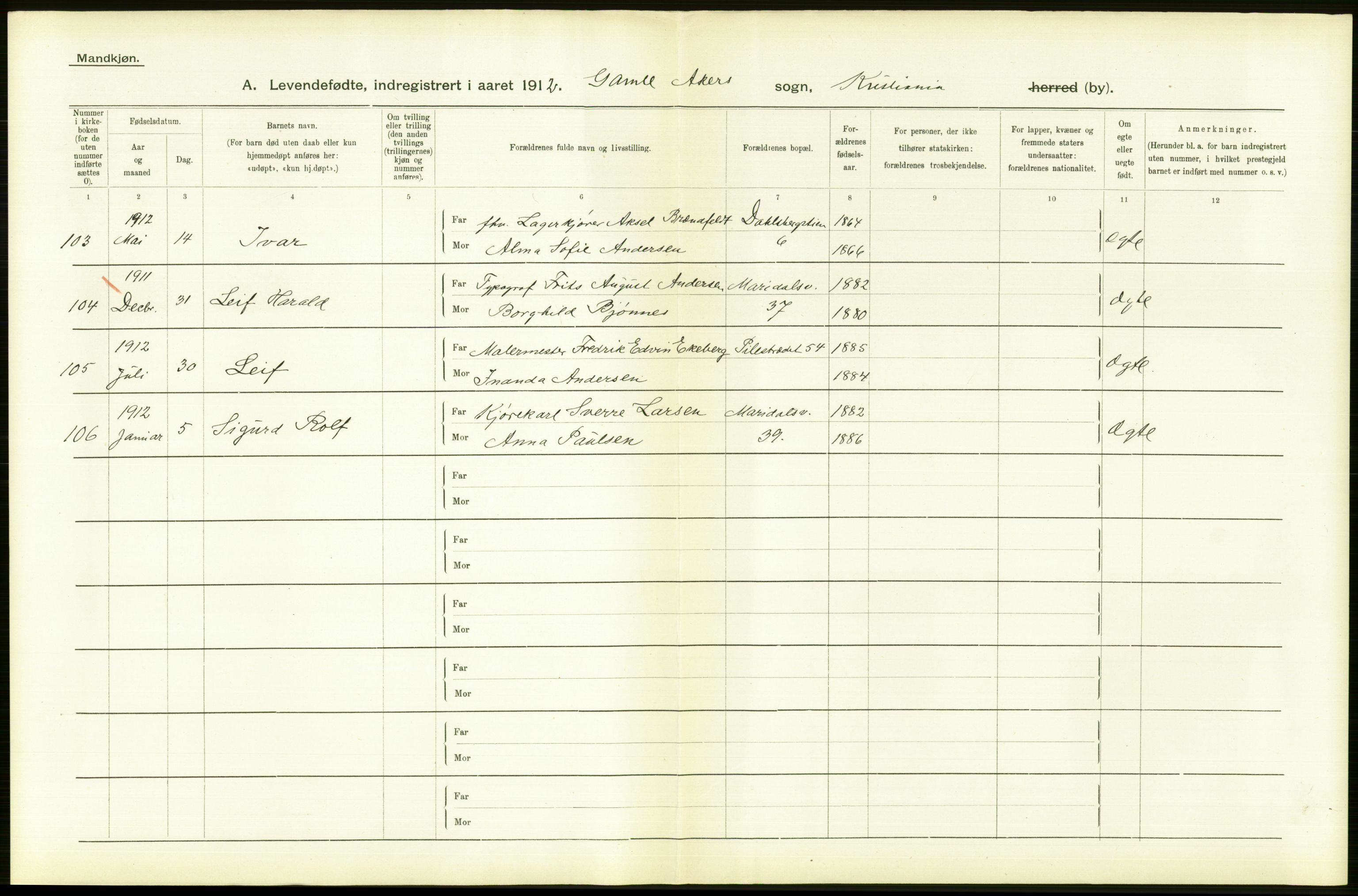 Statistisk sentralbyrå, Sosiodemografiske emner, Befolkning, RA/S-2228/D/Df/Dfb/Dfbb/L0007: Kristiania:  Levendefødte menn og kvinner., 1912, p. 504