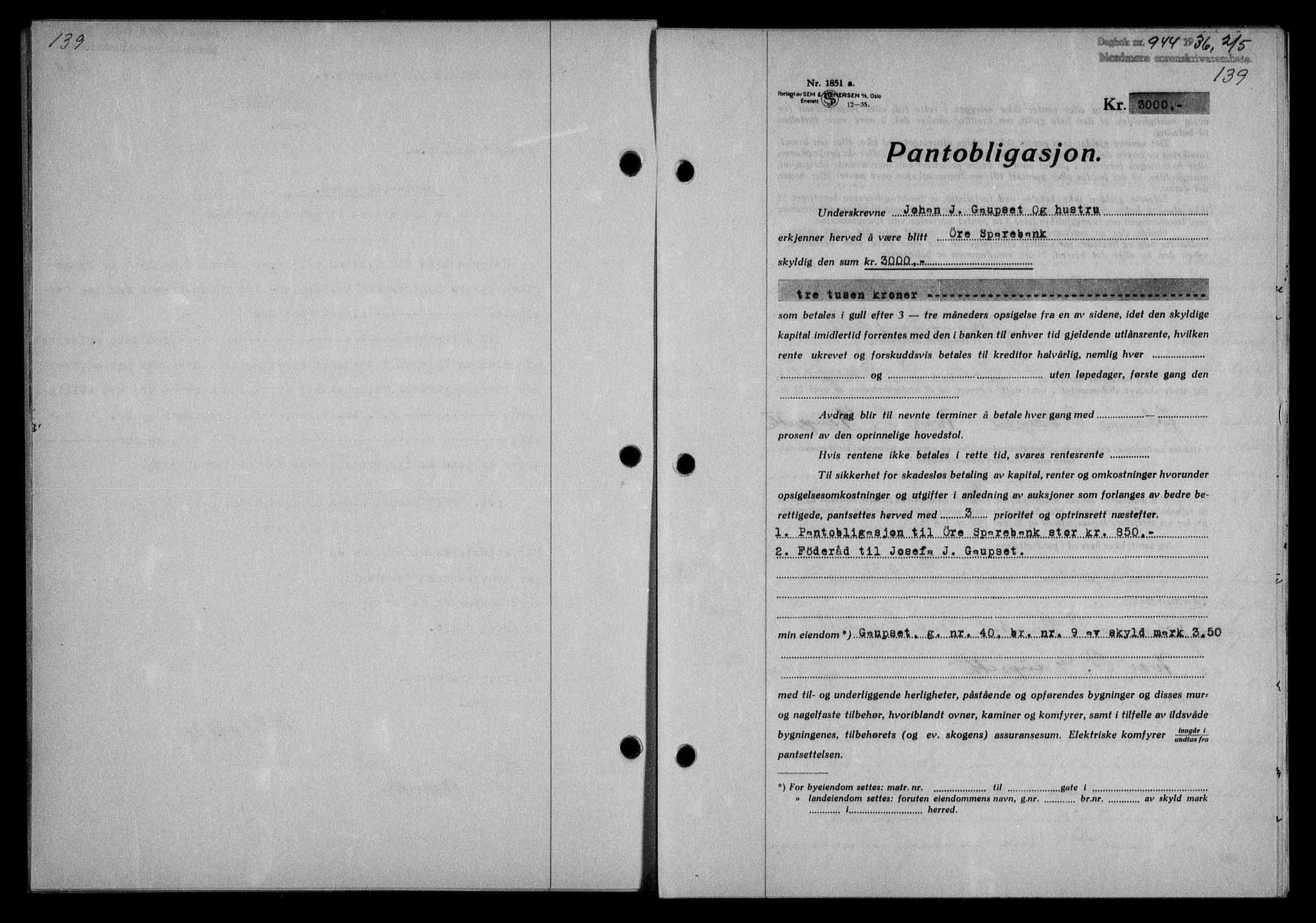 Nordmøre sorenskriveri, AV/SAT-A-4132/1/2/2Ca/L0088: Mortgage book no. 78, 1936-1936, Diary no: : 944/1936