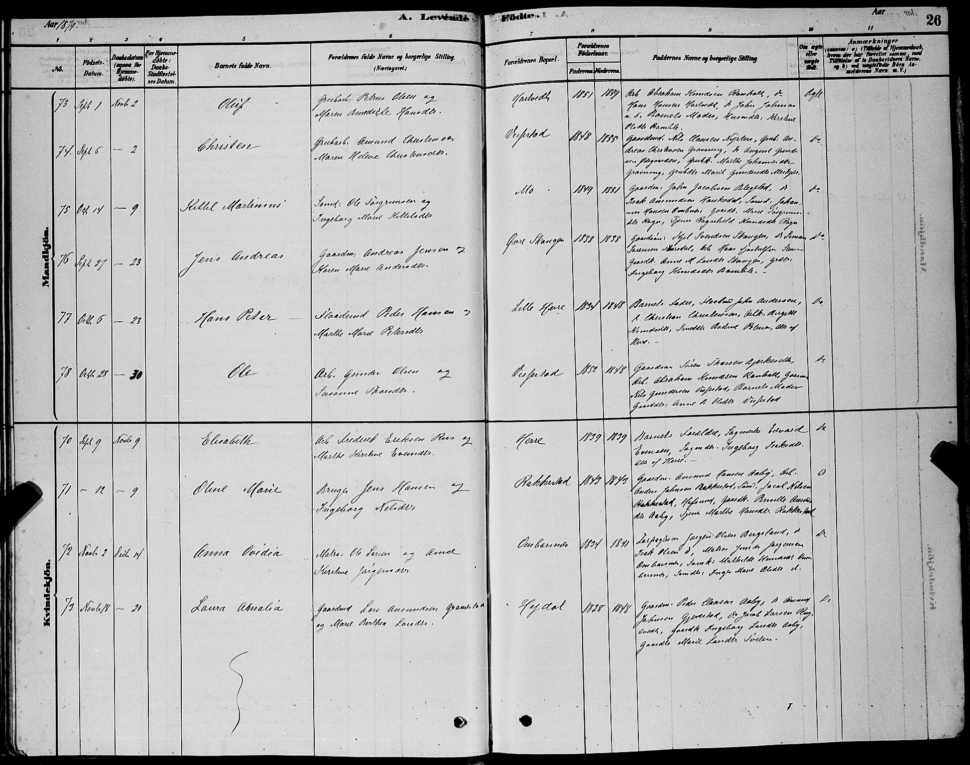 Bamble kirkebøker, AV/SAKO-A-253/G/Ga/L0008: Parish register (copy) no. I 8, 1878-1888, p. 26