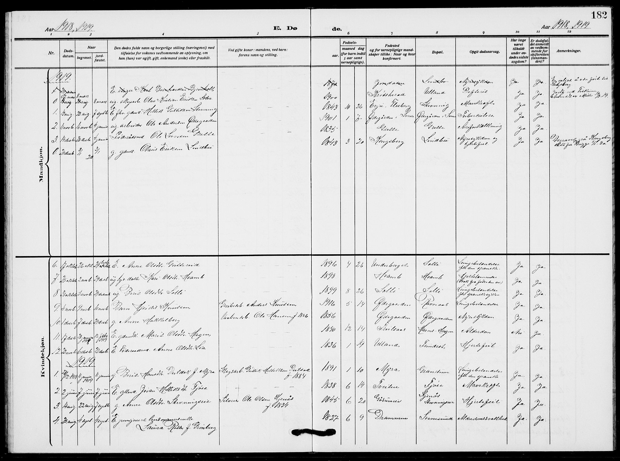 Flesberg kirkebøker, AV/SAKO-A-18/G/Ga/L0006: Parish register (copy) no. I 6, 1909-1924, p. 182