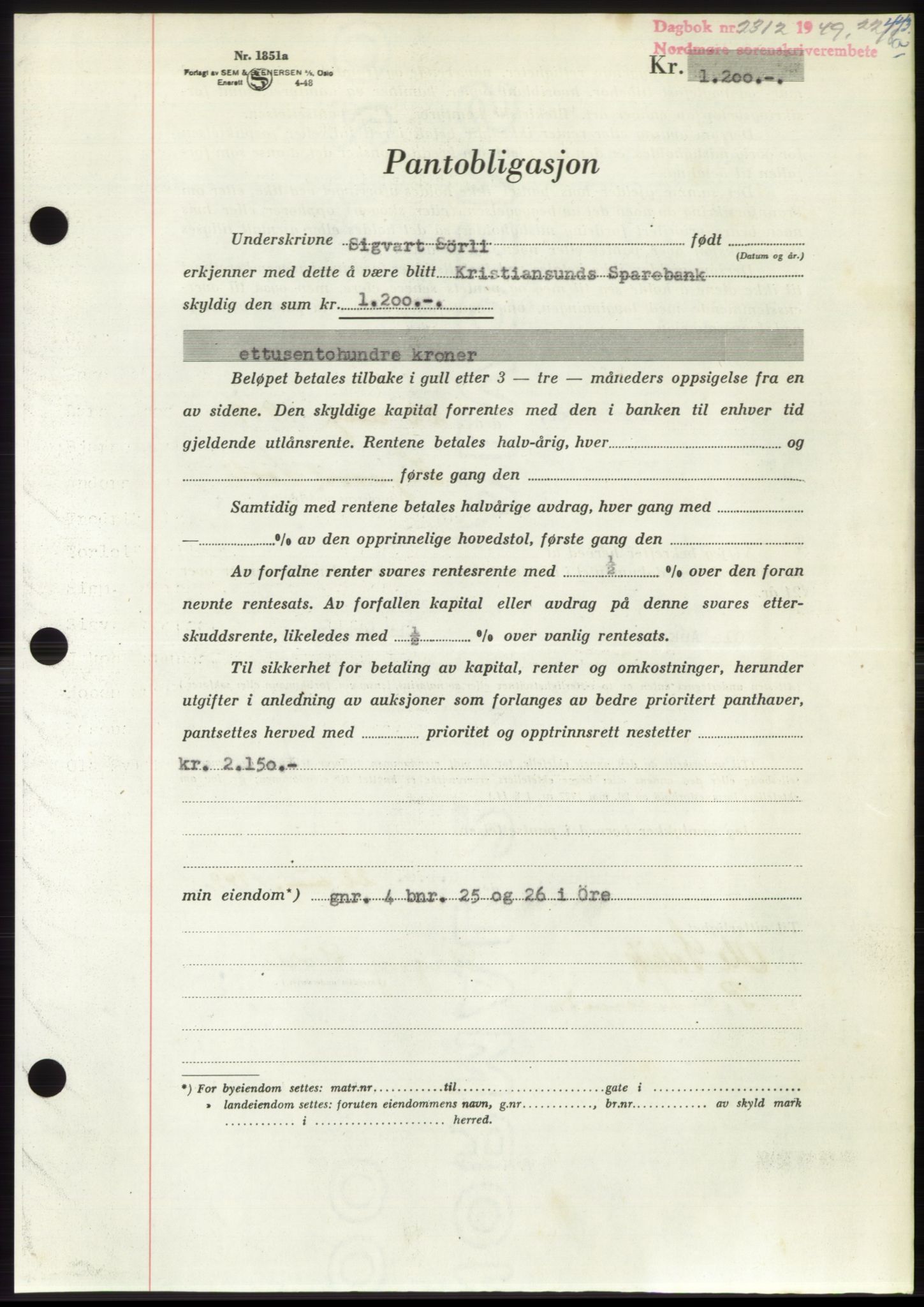 Nordmøre sorenskriveri, AV/SAT-A-4132/1/2/2Ca: Mortgage book no. B102, 1949-1949, Diary no: : 2312/1949