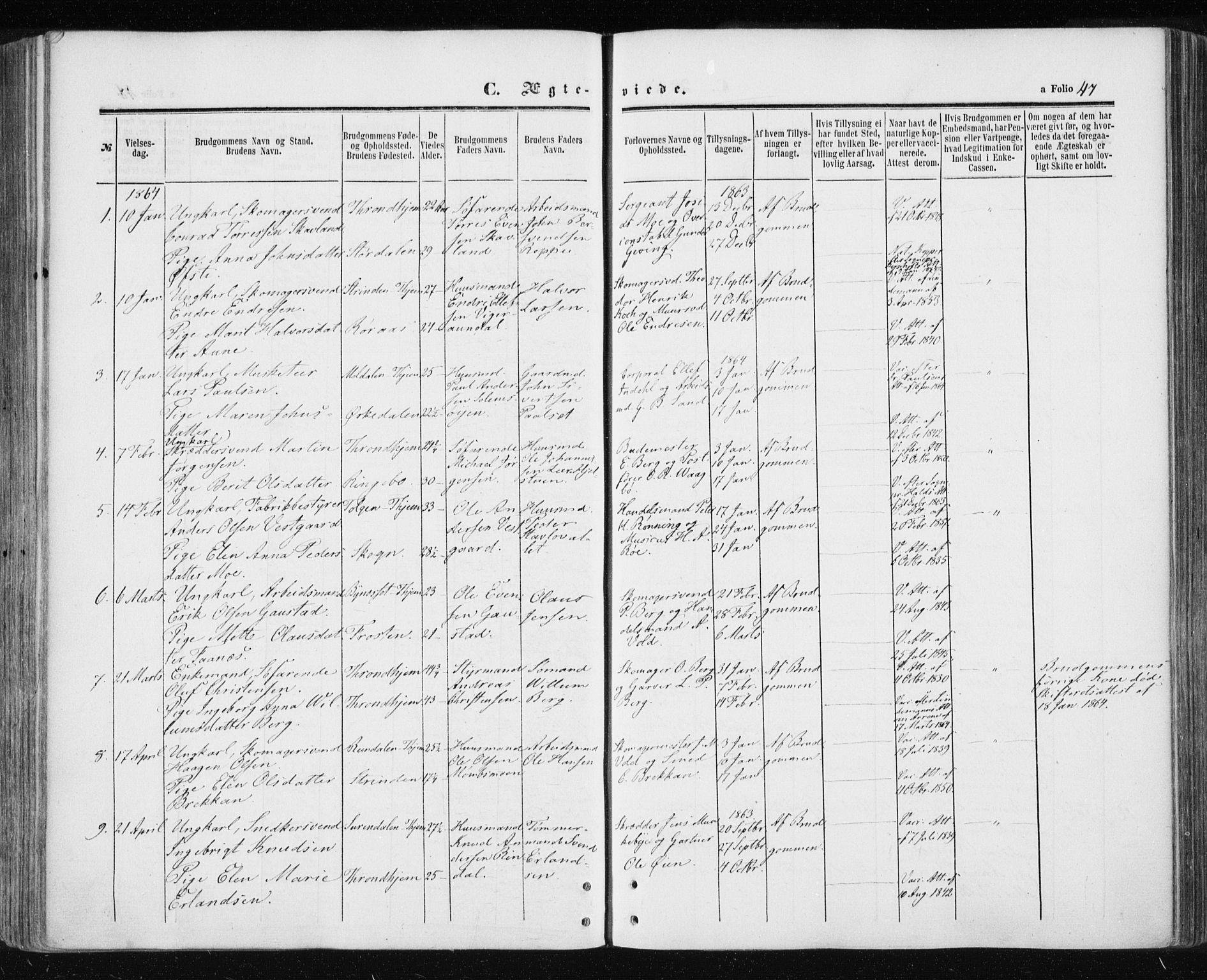 Ministerialprotokoller, klokkerbøker og fødselsregistre - Sør-Trøndelag, SAT/A-1456/601/L0053: Parish register (official) no. 601A21, 1857-1865, p. 47