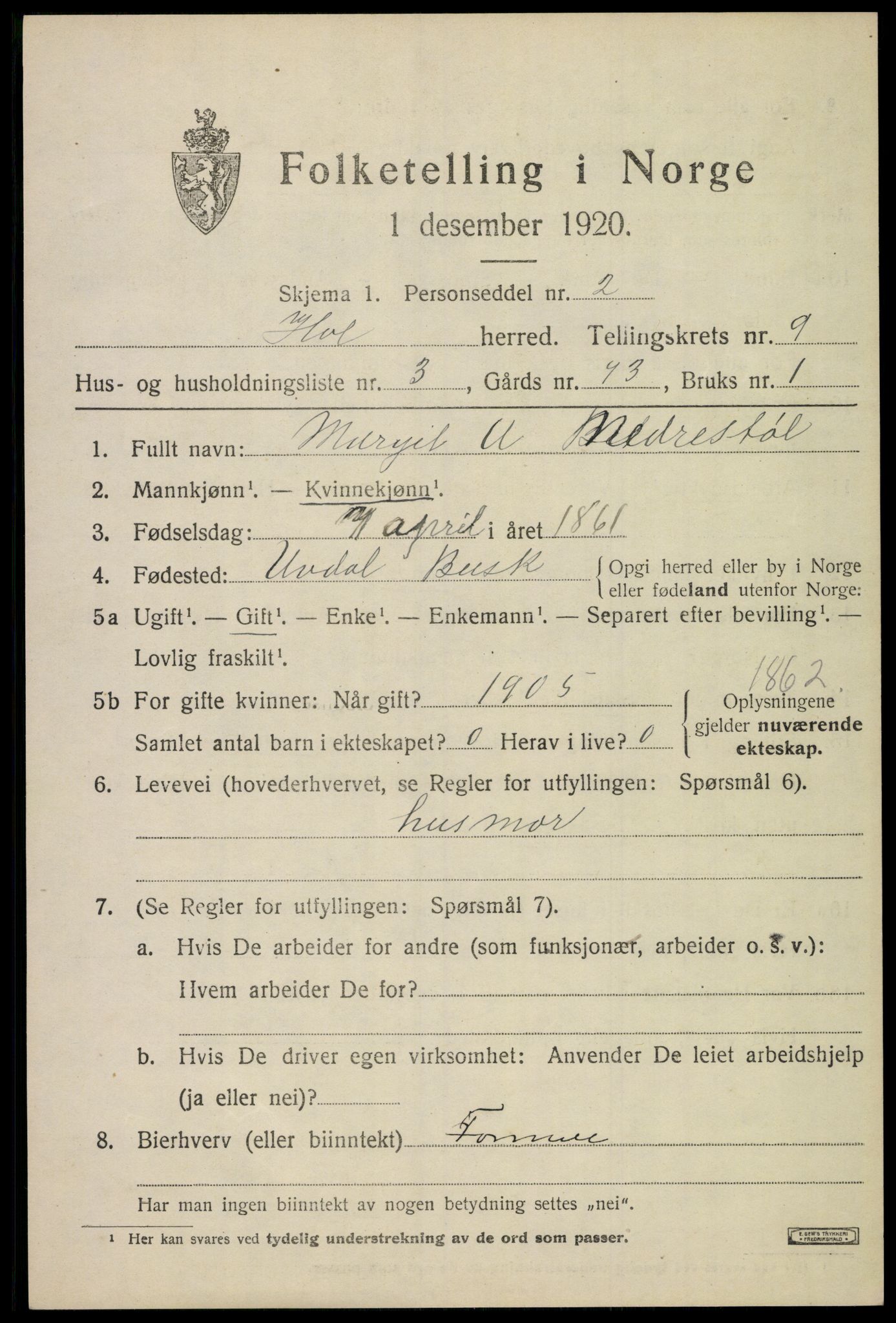 SAKO, 1920 census for Hol (Buskerud), 1920, p. 4943