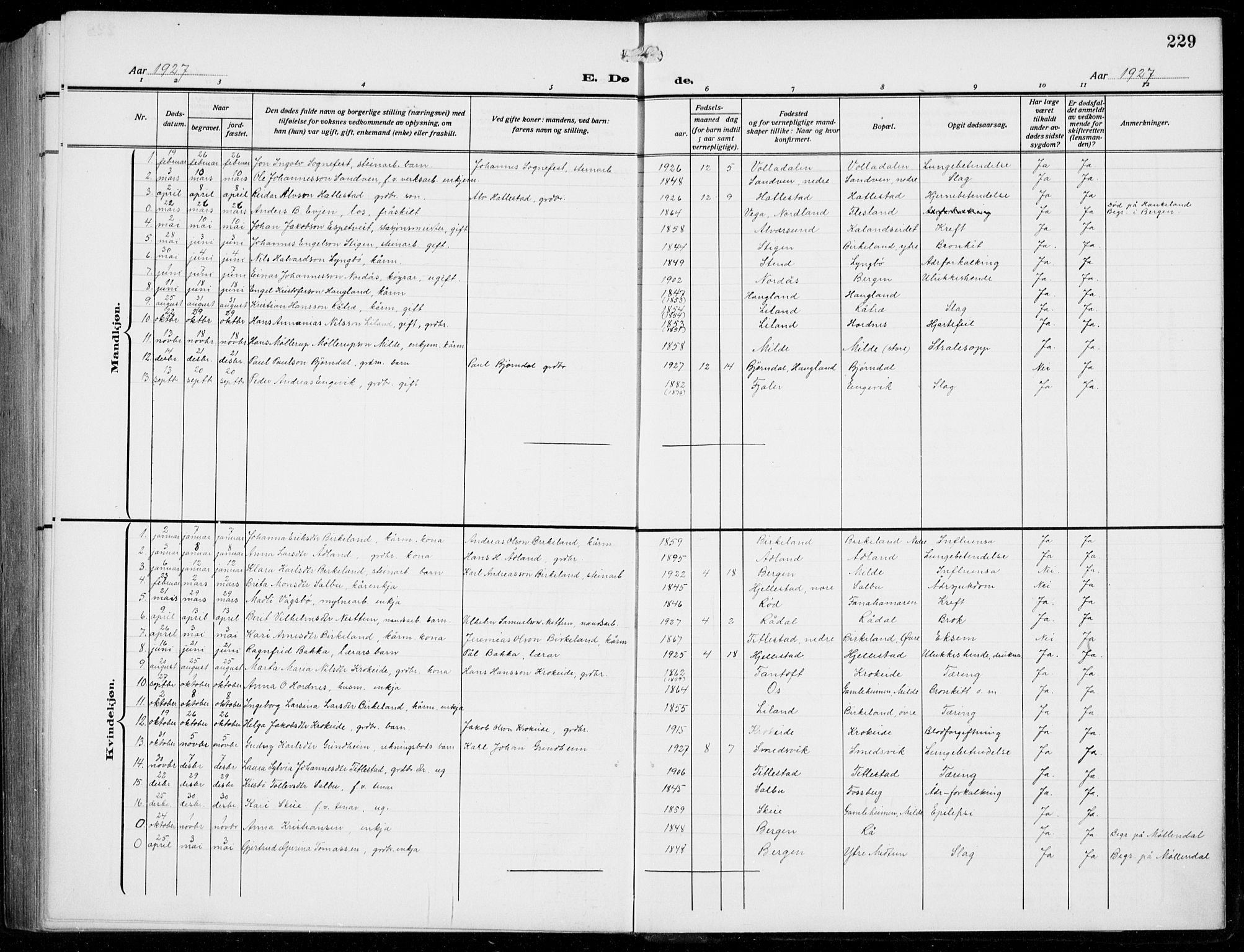 Fana Sokneprestembete, AV/SAB-A-75101/H/Hab/Haba/L0005: Parish register (copy) no. A 5, 1911-1932, p. 229