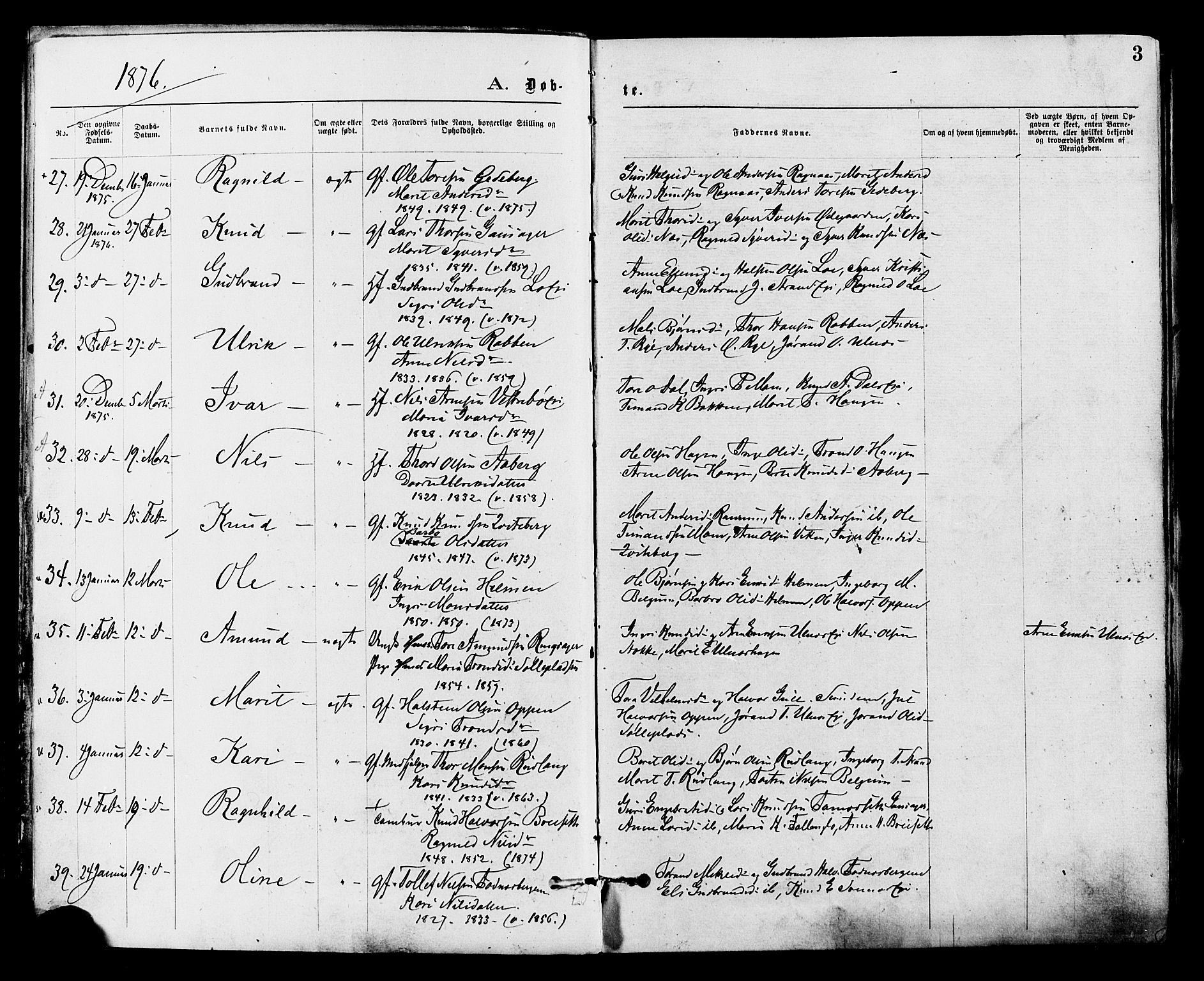 Nord-Aurdal prestekontor, AV/SAH-PREST-132/H/Ha/Haa/L0009: Parish register (official) no. 9, 1876-1882, p. 3