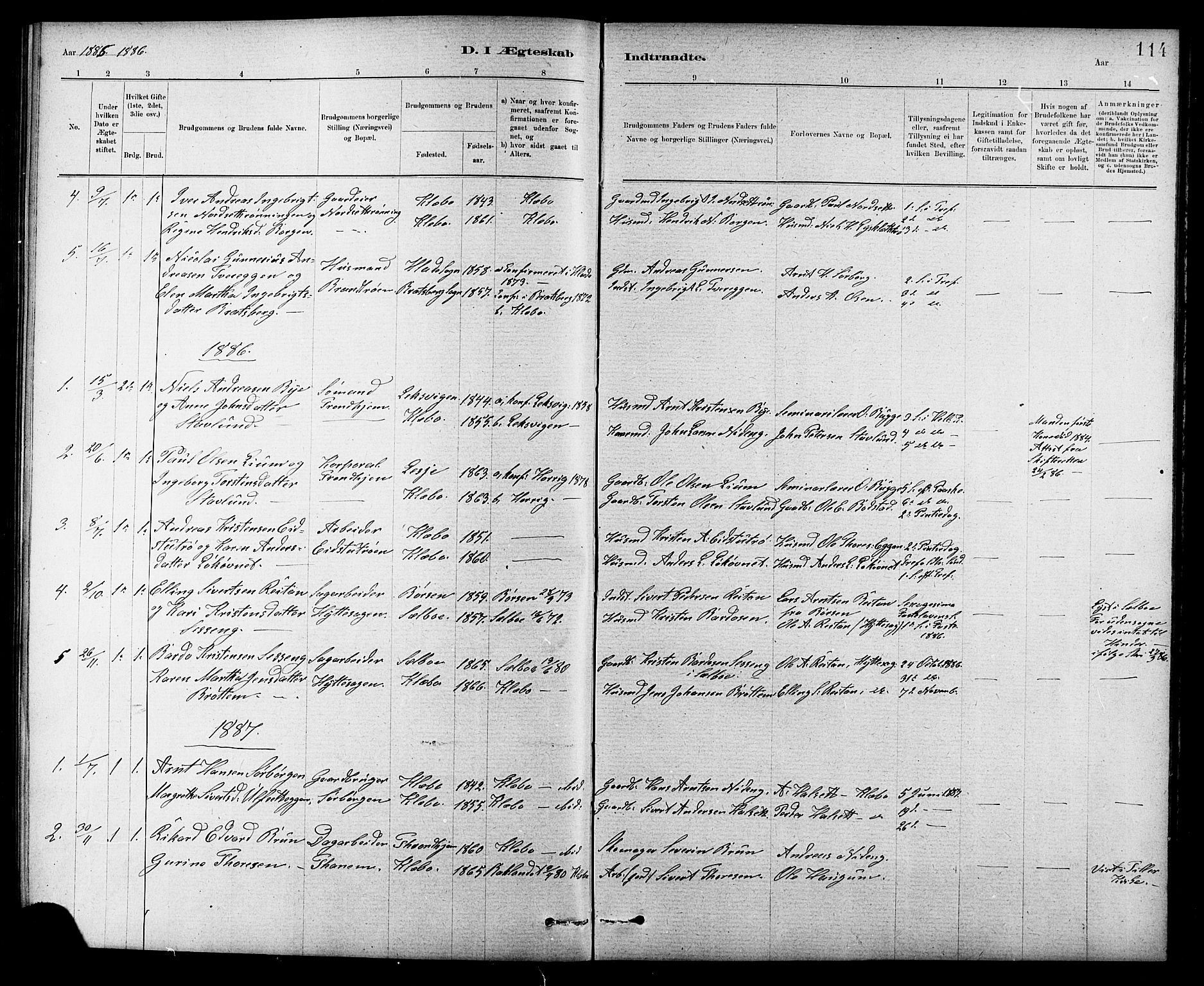 Ministerialprotokoller, klokkerbøker og fødselsregistre - Sør-Trøndelag, AV/SAT-A-1456/618/L0452: Parish register (copy) no. 618C03, 1884-1906, p. 114