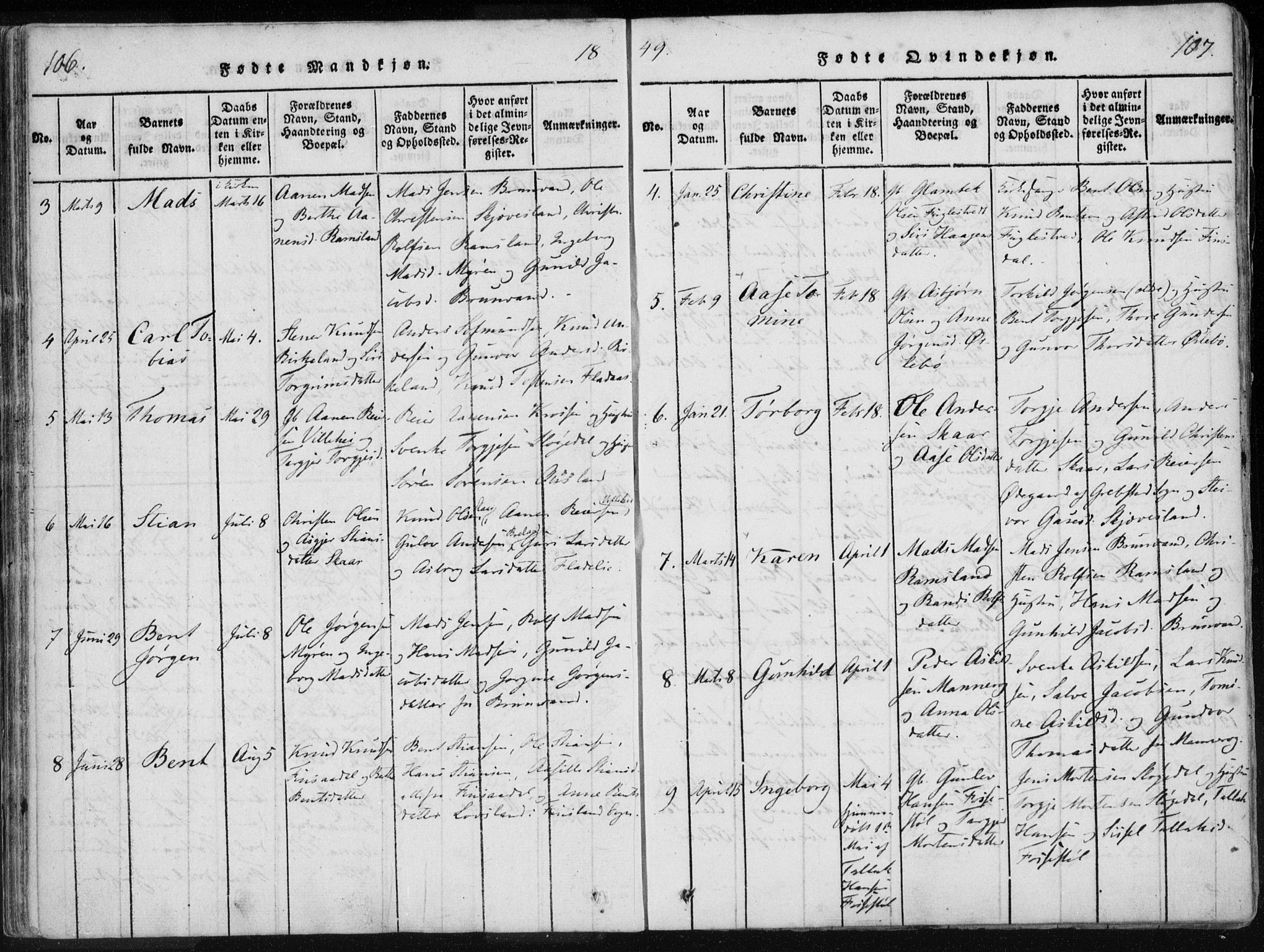 Holum sokneprestkontor, SAK/1111-0022/F/Fa/Fac/L0002: Parish register (official) no. A 2, 1821-1859, p. 106-107