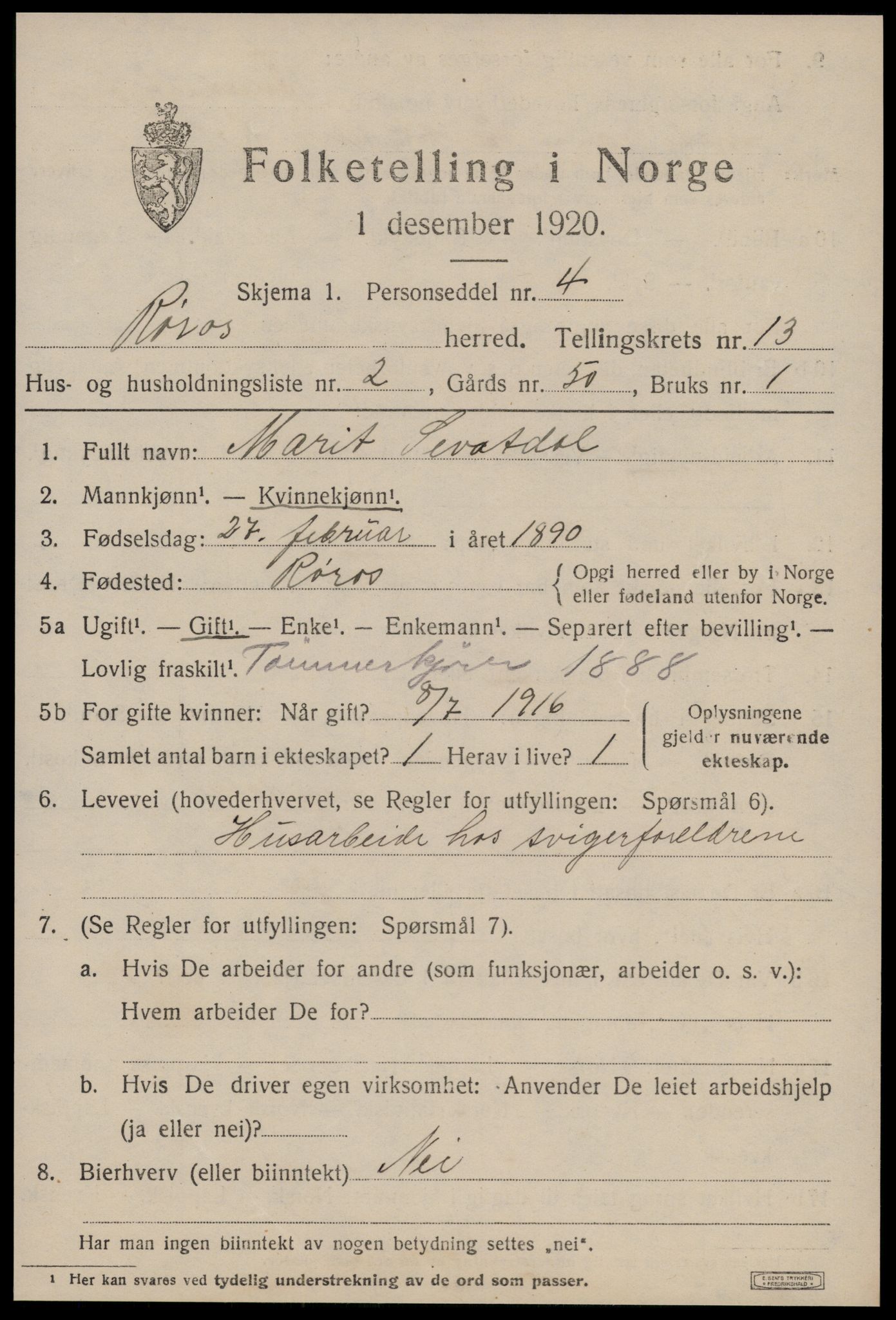 SAT, 1920 census for Røros, 1920, p. 9382