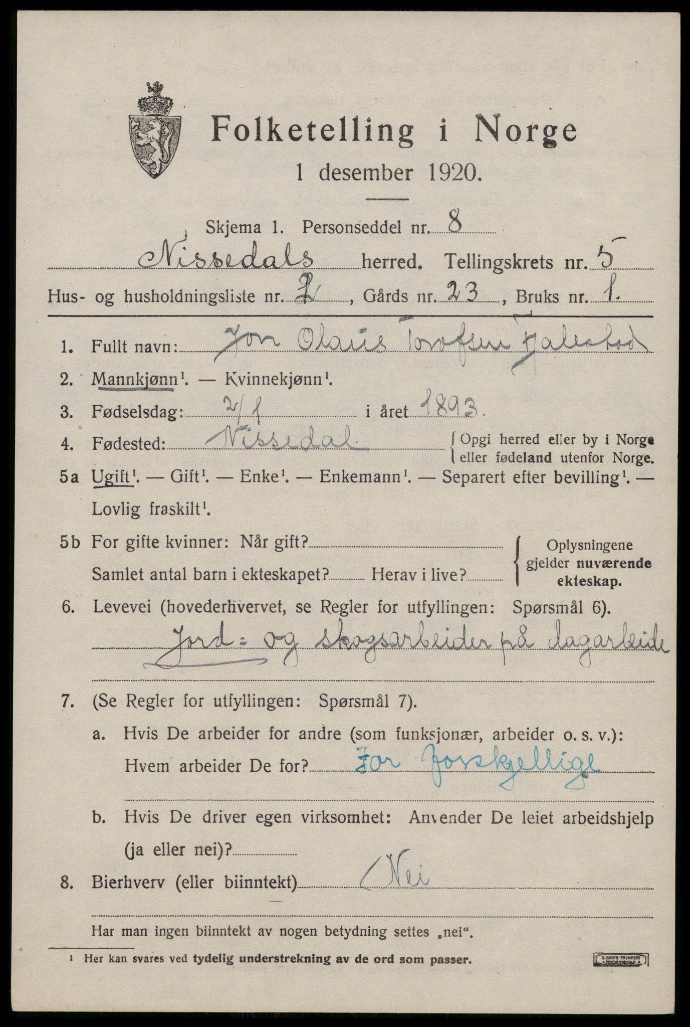 SAKO, 1920 census for Nissedal, 1920, p. 2049