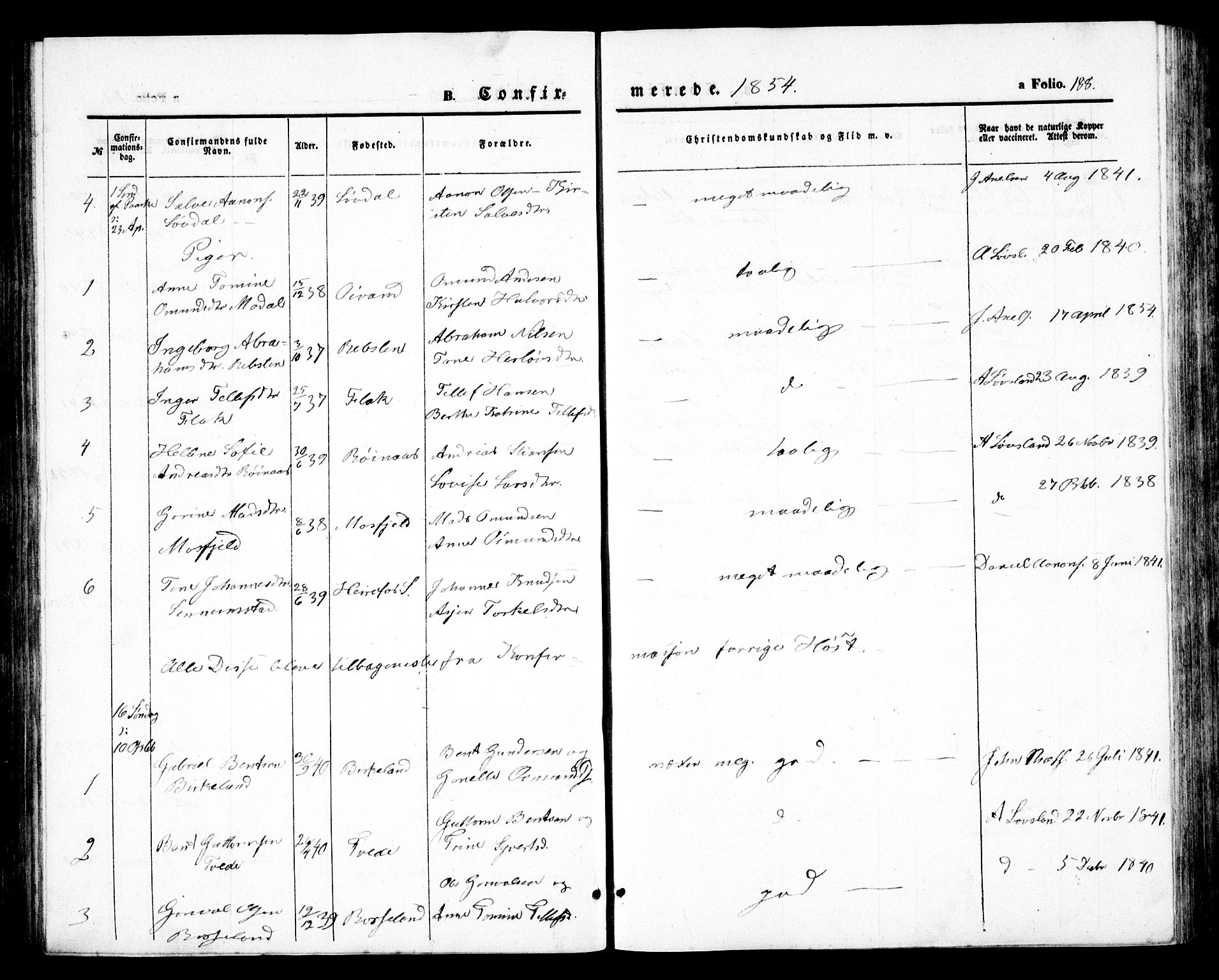 Birkenes sokneprestkontor, AV/SAK-1111-0004/F/Fb/L0002: Parish register (copy) no. B 2, 1849-1876, p. 188