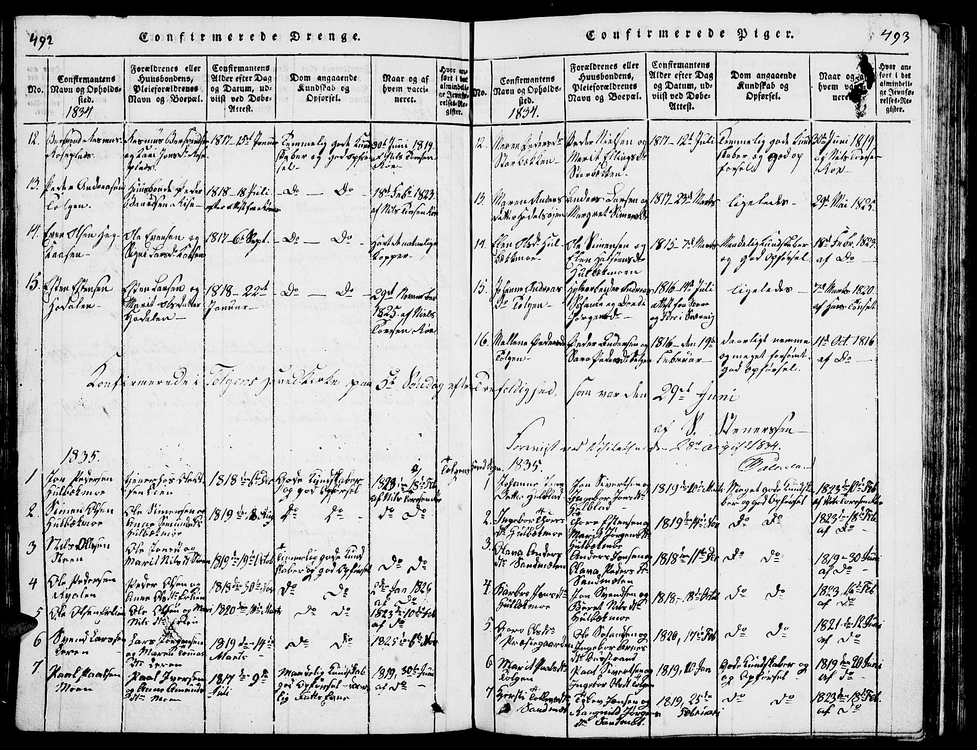 Tolga prestekontor, SAH/PREST-062/L/L0001: Parish register (copy) no. 1, 1814-1877, p. 492-493