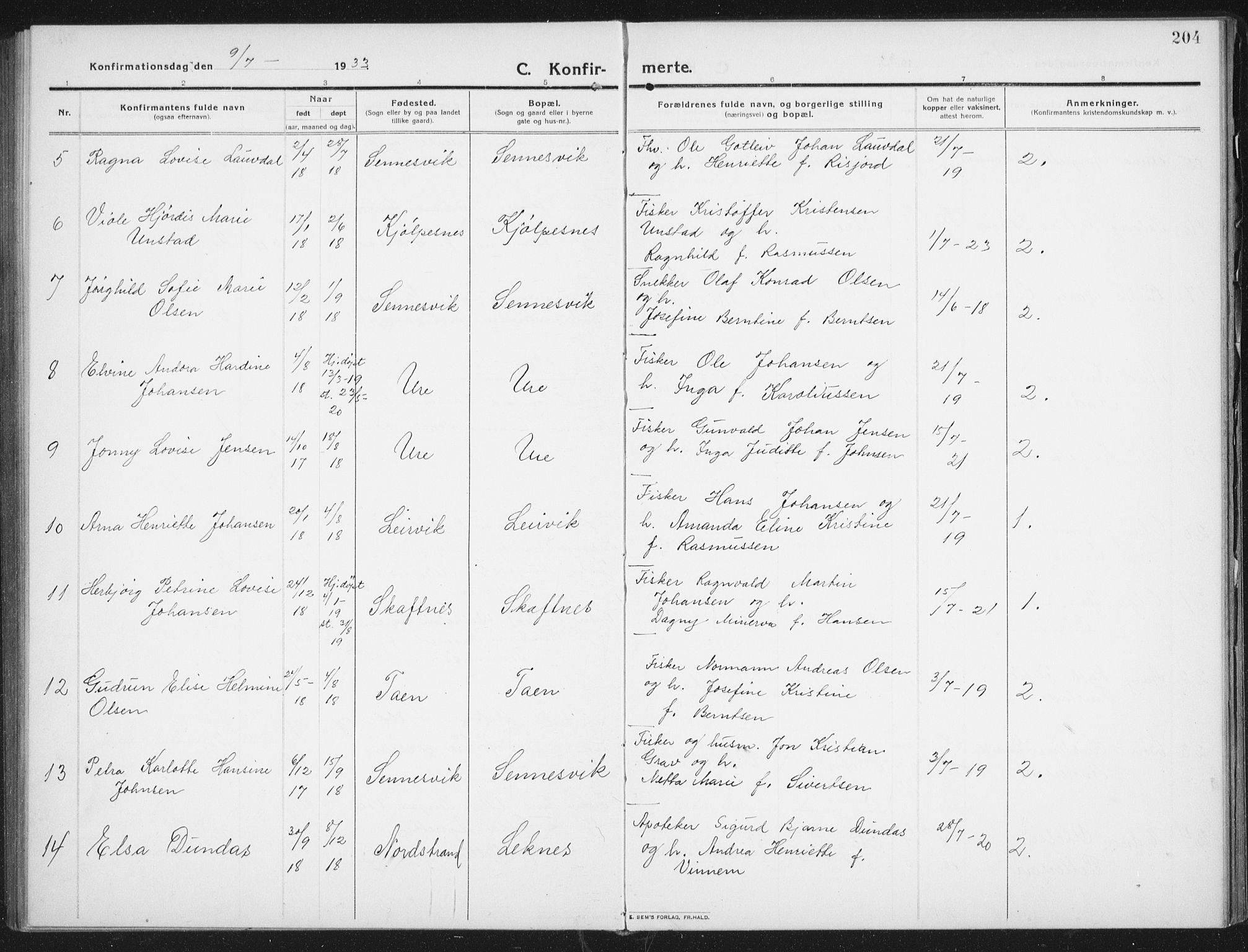 Ministerialprotokoller, klokkerbøker og fødselsregistre - Nordland, AV/SAT-A-1459/882/L1183: Parish register (copy) no. 882C01, 1911-1938, p. 204