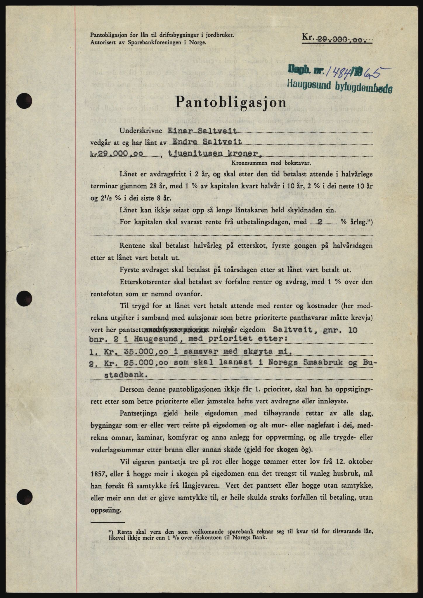 Haugesund tingrett, SAST/A-101415/01/II/IIC/L0053: Mortgage book no. B 53, 1965-1965, Diary no: : 1484/1965